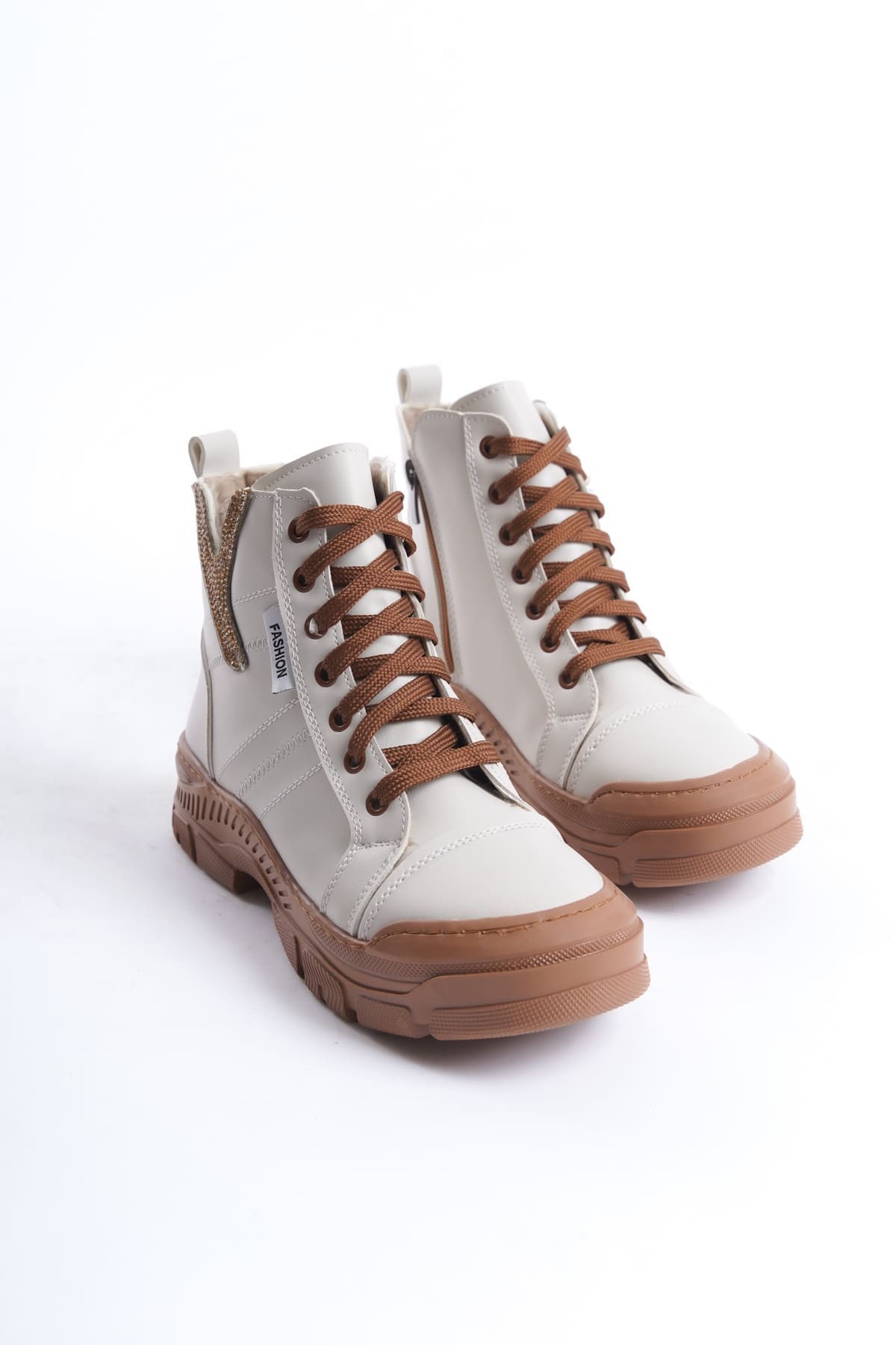 AMBER Bağcıklı Fermuarlı Ortopedik TabanKadın Bot  TT - Krem