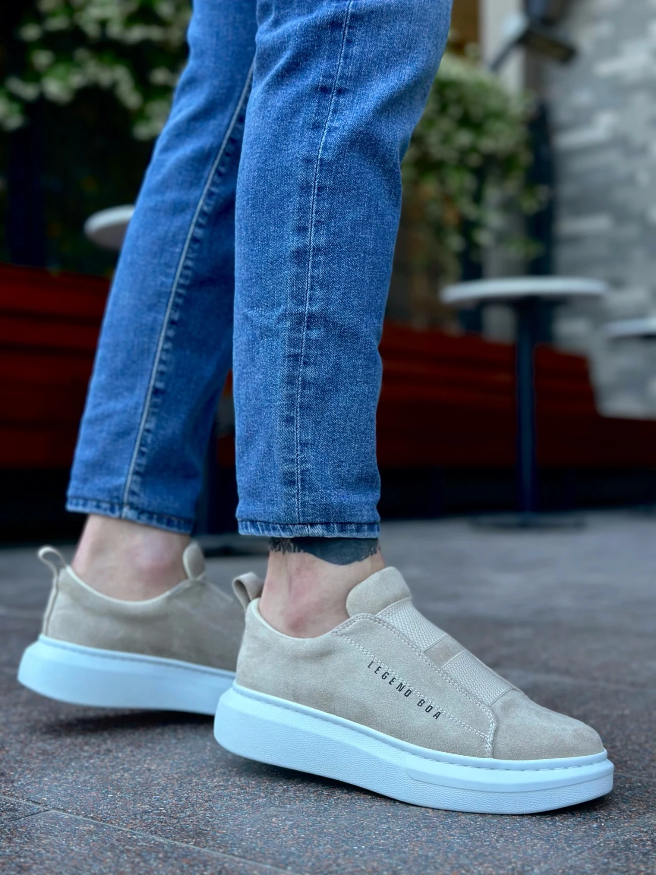 BA0307 BOA Kalın Süet Yüksek Taban Çift Bant Krem Erkek Ayakkabı