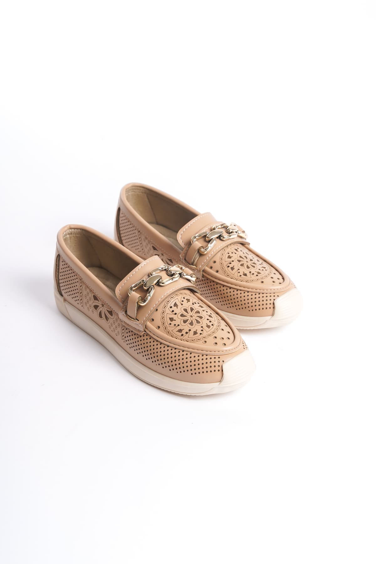 LAYLA Bağcıksız Ortopedik Rahat Taban Çiçek Desenli Kadın Babet Ayakkabı  KT - Ten