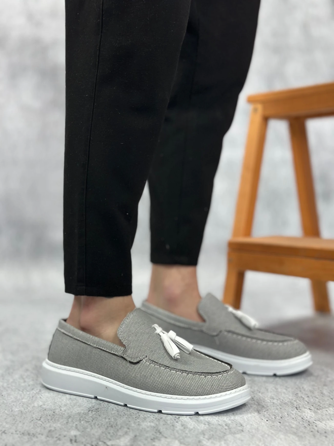 BA0005 Bağcıksız Yüksek Taban Klasik Keten Füme Püsküllü Erkek Ayakkabı