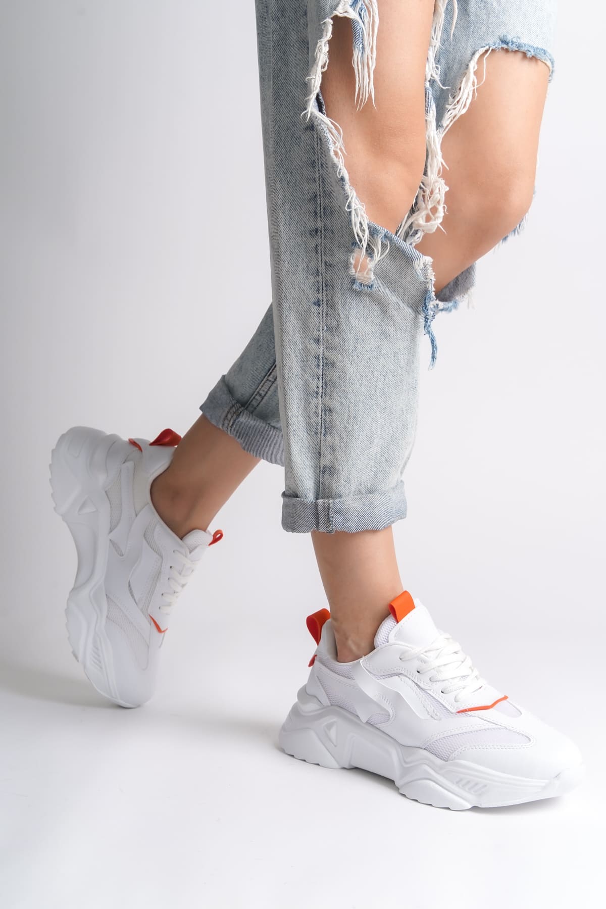 TOKYO Bağcıklı Ortopedik Taban Triko Detaylı Kadın Spor Ayakkabı  BT - Beyaz/Turuncu