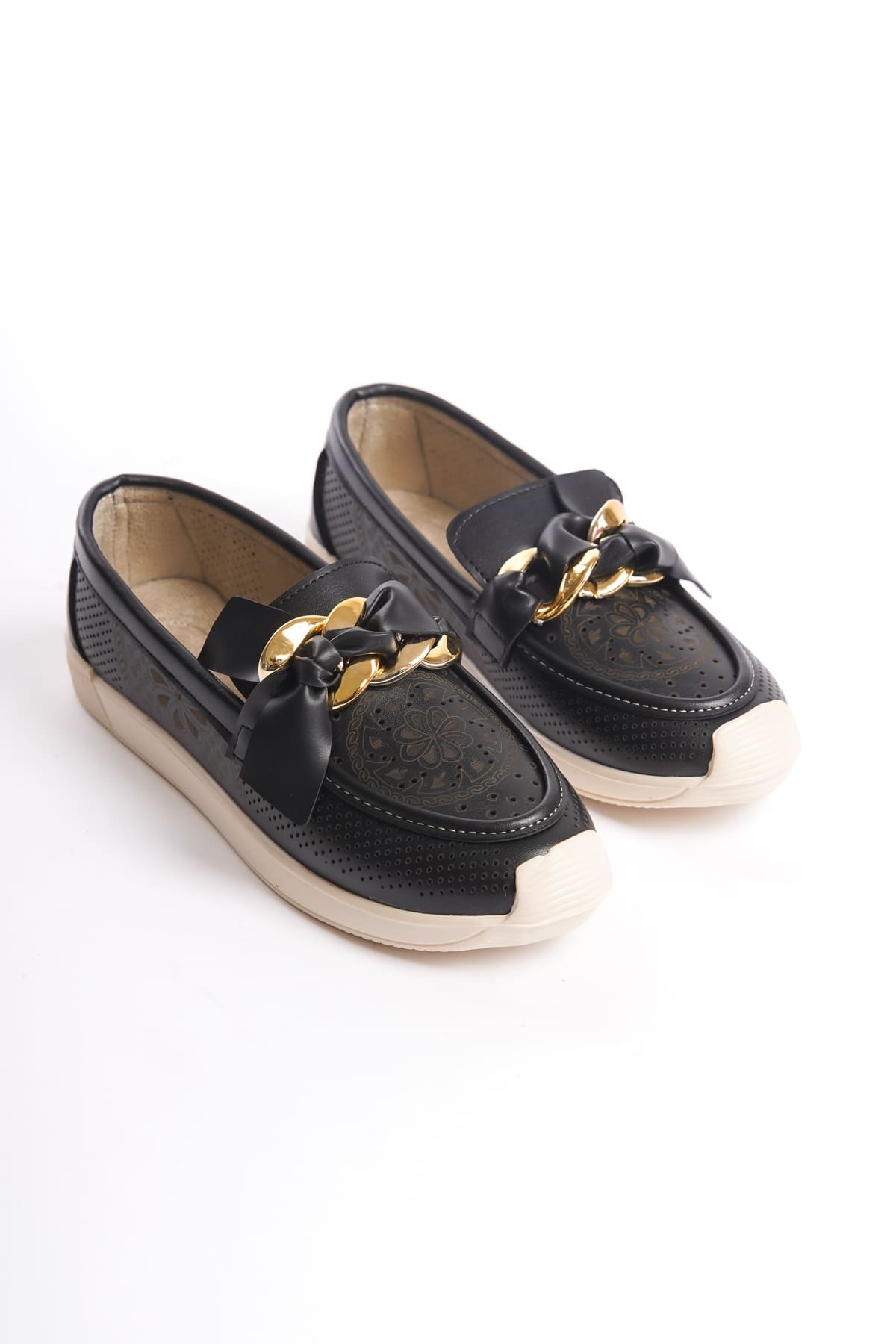 LYDIA Bağcıksız Ortopedik Rahat Taban Çiçek Desenli Kadın Babet Ayakkabı  KT - Siyah