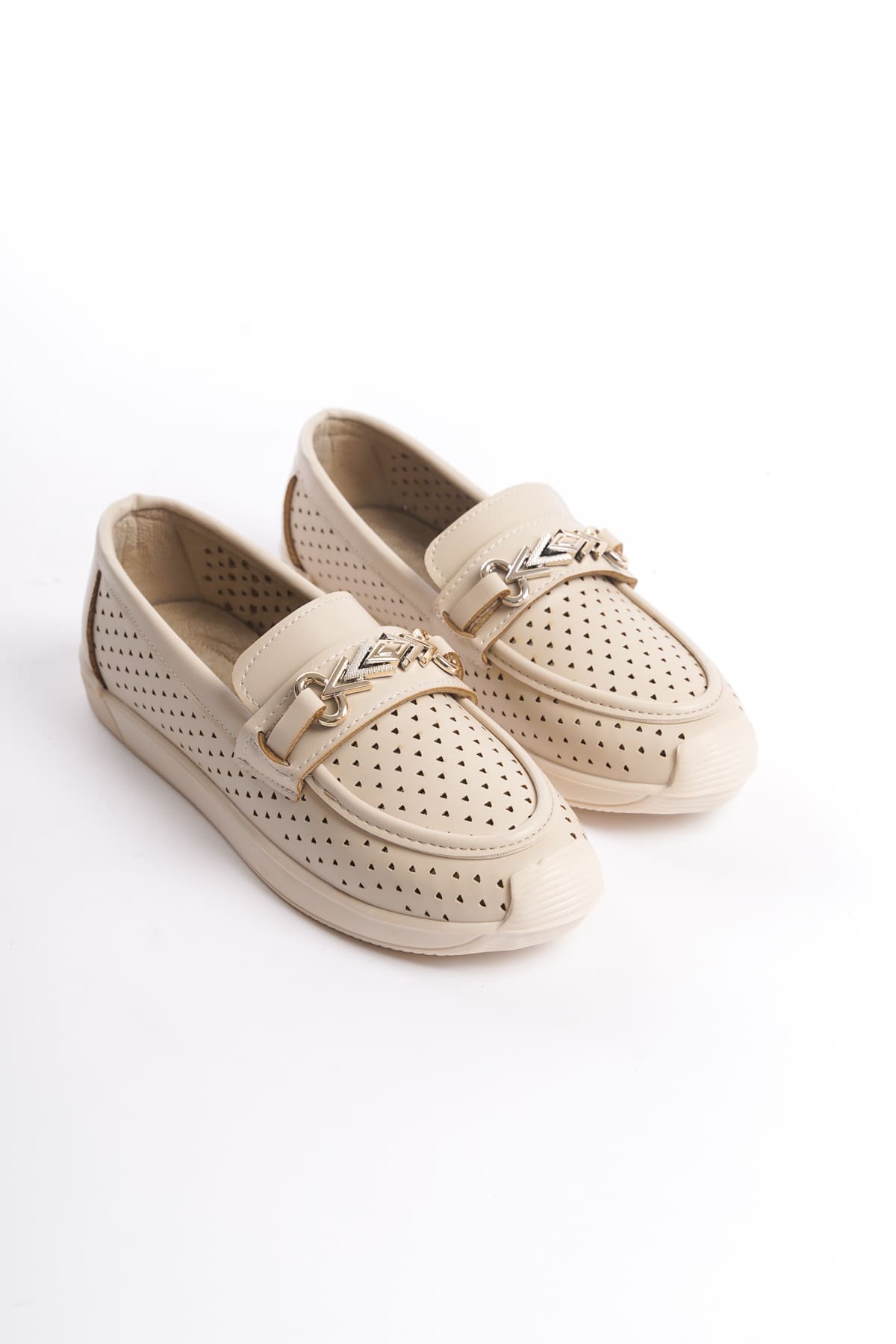 LILY Bağcıksız Ortopedik Rahat Taban Kalp Desenli Kadın Babet Ayakkabı  KT - Krem