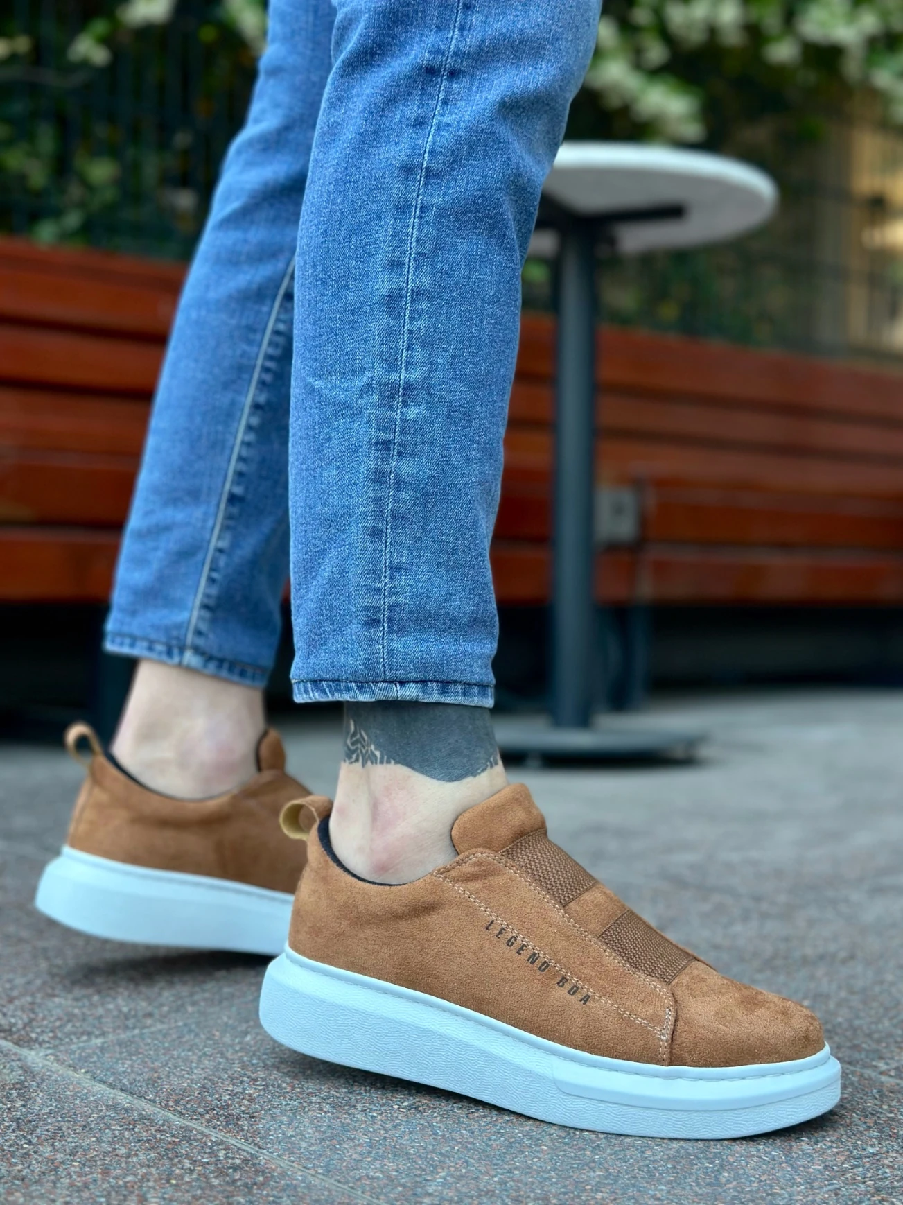 BA0307 BOA Kalın Süet Yüksek Taban Çift Bant Taba Beyaz Erkek Ayakkabı