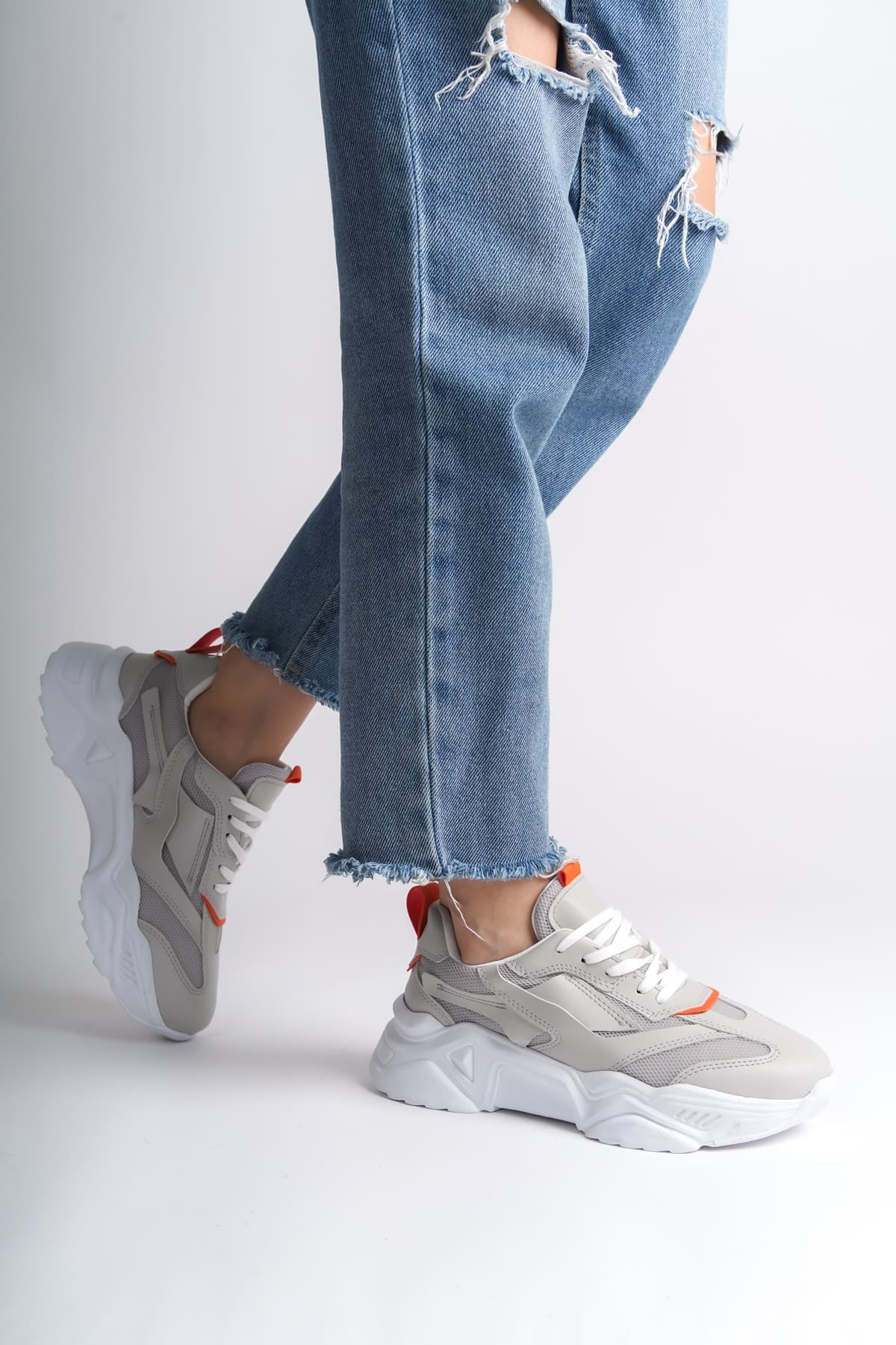 TOKYO Bağcıklı Ortopedik Taban Triko Detaylı Kadın Spor Ayakkabı  BT - Gri/Turuncu