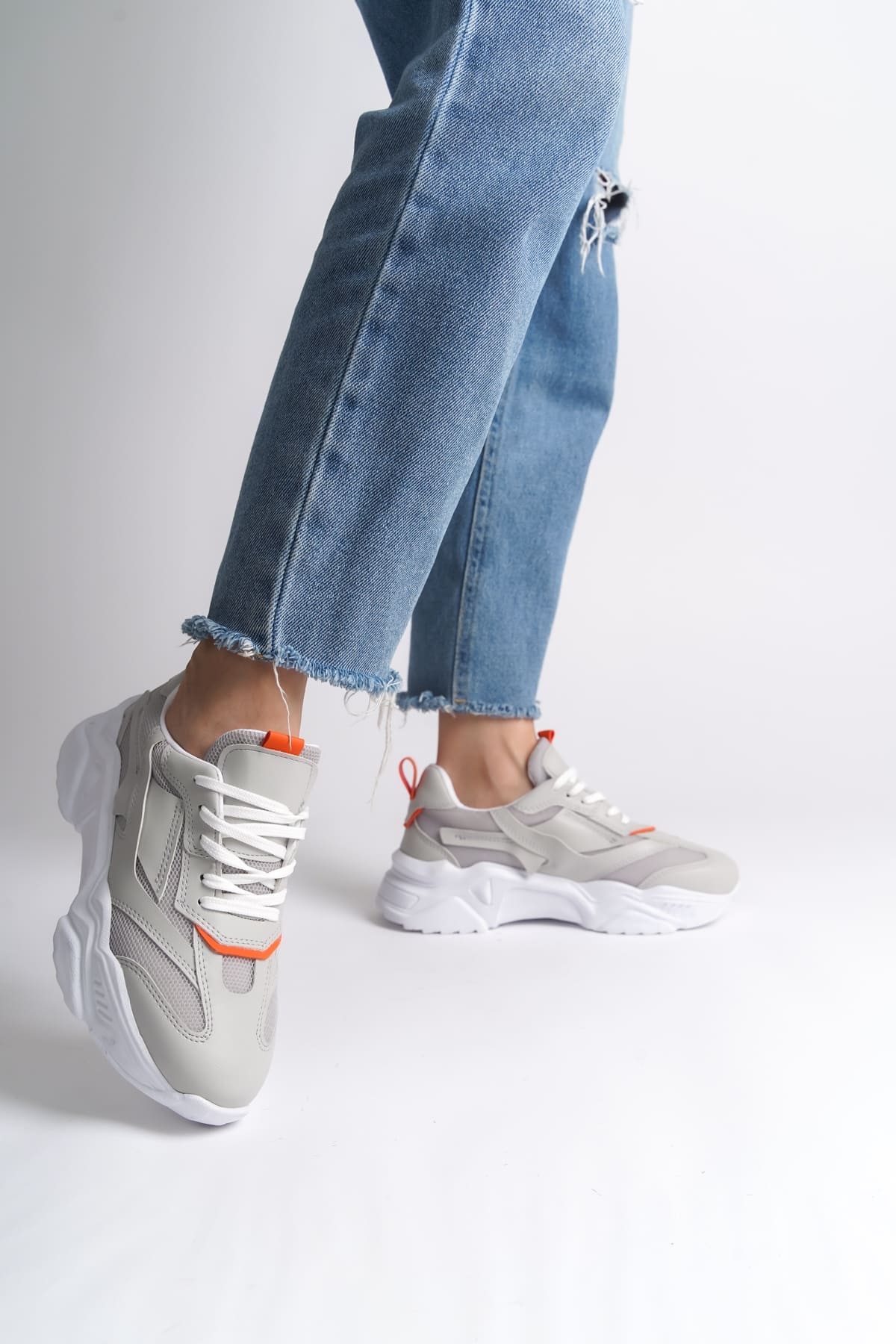 TOKYO Bağcıklı Ortopedik Taban Triko Detaylı Kadın Spor Ayakkabı  BT - Gri/Turuncu