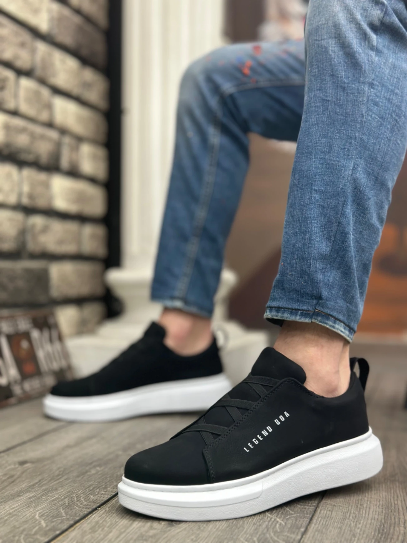 BA0134 BOA Kalın Yüksek Taban Çapraz Bant Siyah Beyaz Erkek Ayakkabı