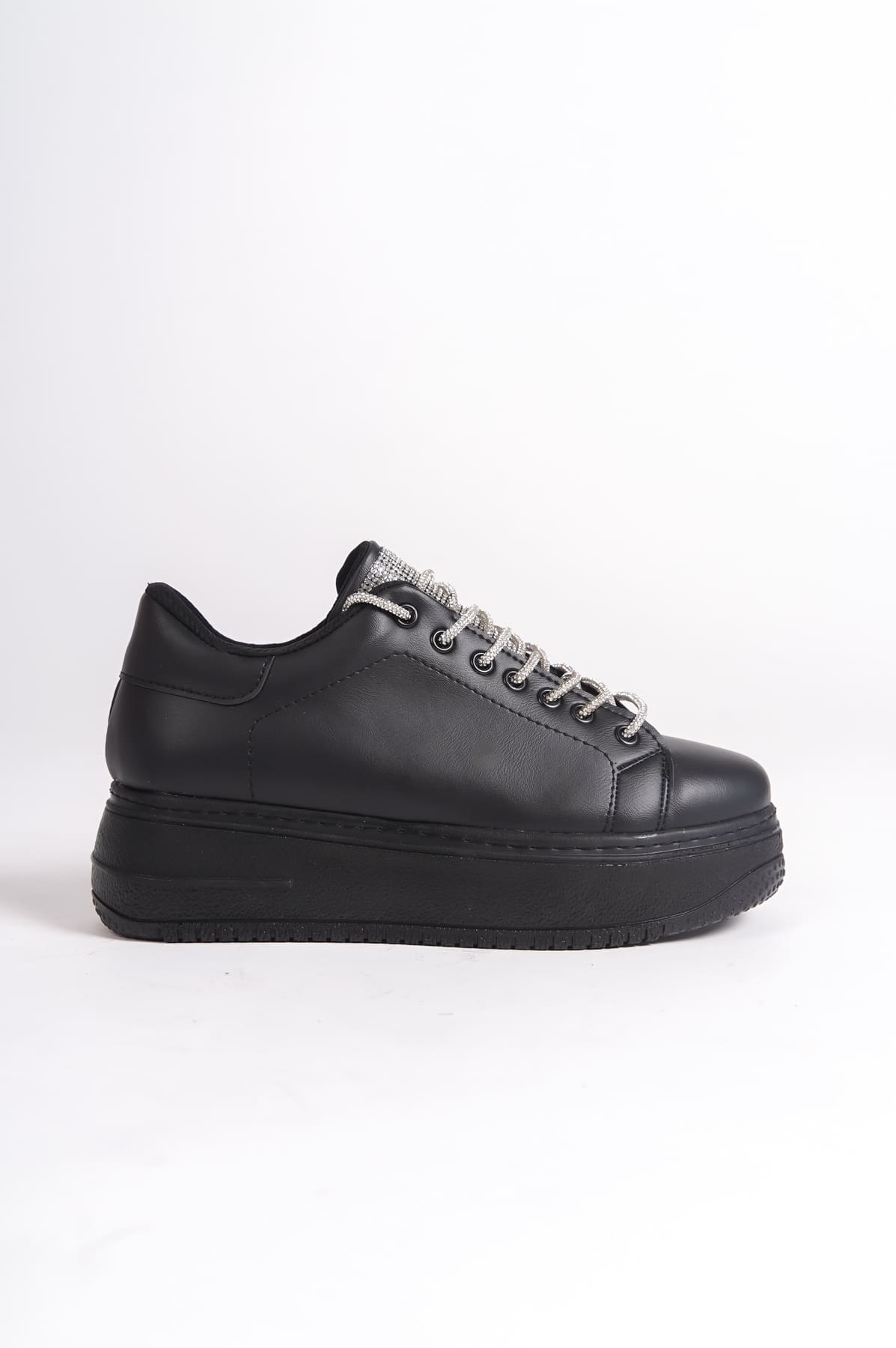 DELLA Bağcıklı Ortopedik Taban Taşlı Kadın Sneaker Spor Ayakkabı  ST - Siyah