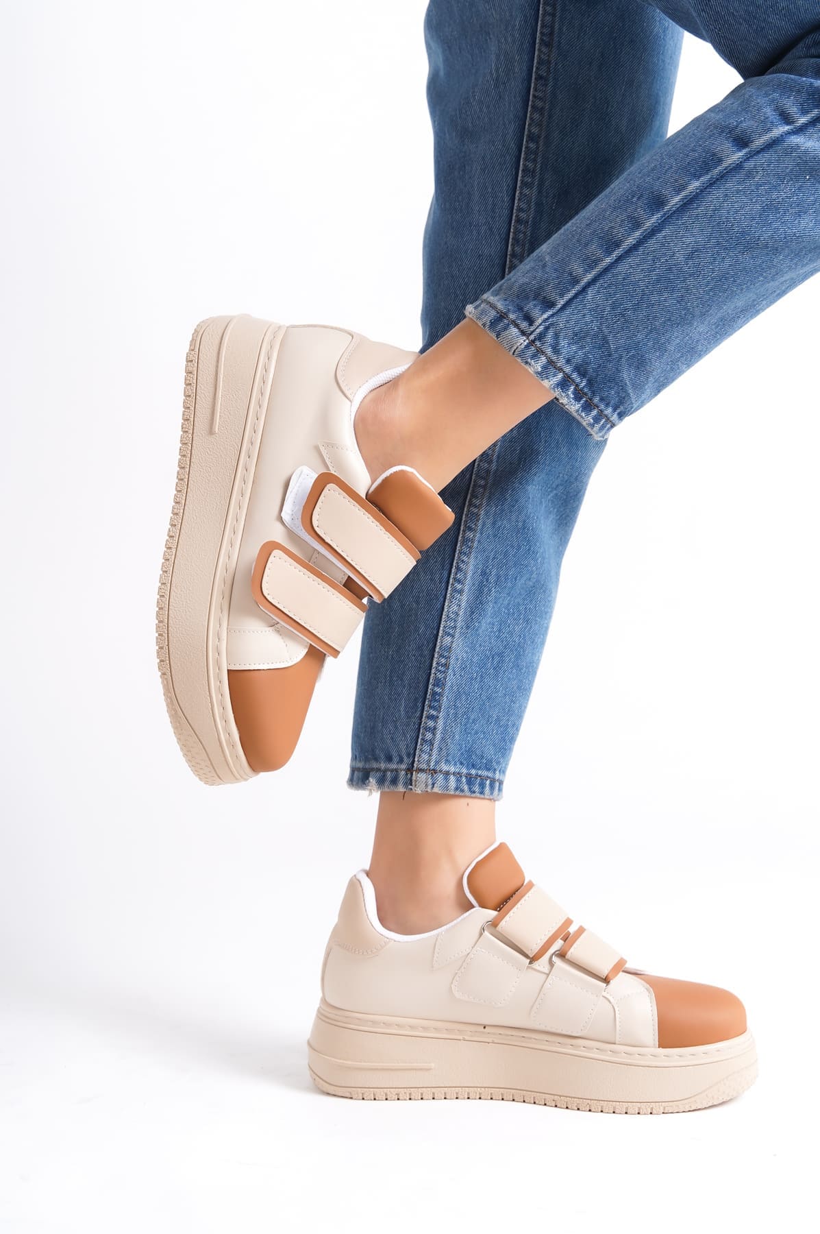 VALENCIA Bağcıksız Cırt Cırtlı Ortopedik Taban Kadın Sneaker Spor Ayakkabı TT - Ten/Kahve