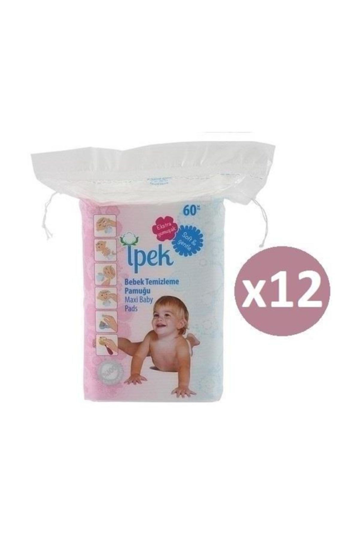 Ipek Maxi Pamuk Bebek Temizleme Pamuğu 60'lı * 12'li Paket