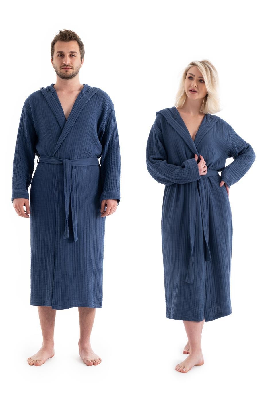 UNISEX KAPŞONLU 4 KAT MÜSLİN BORNOZ (OUTLET) - LACİVERT