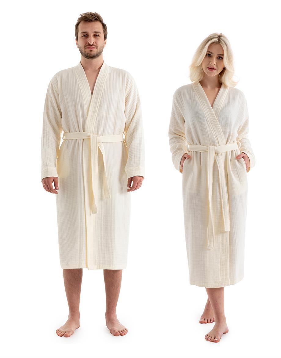UNISEX KİMONO MÜSLİN BORNOZ-HAVLU SETİ - EKRU