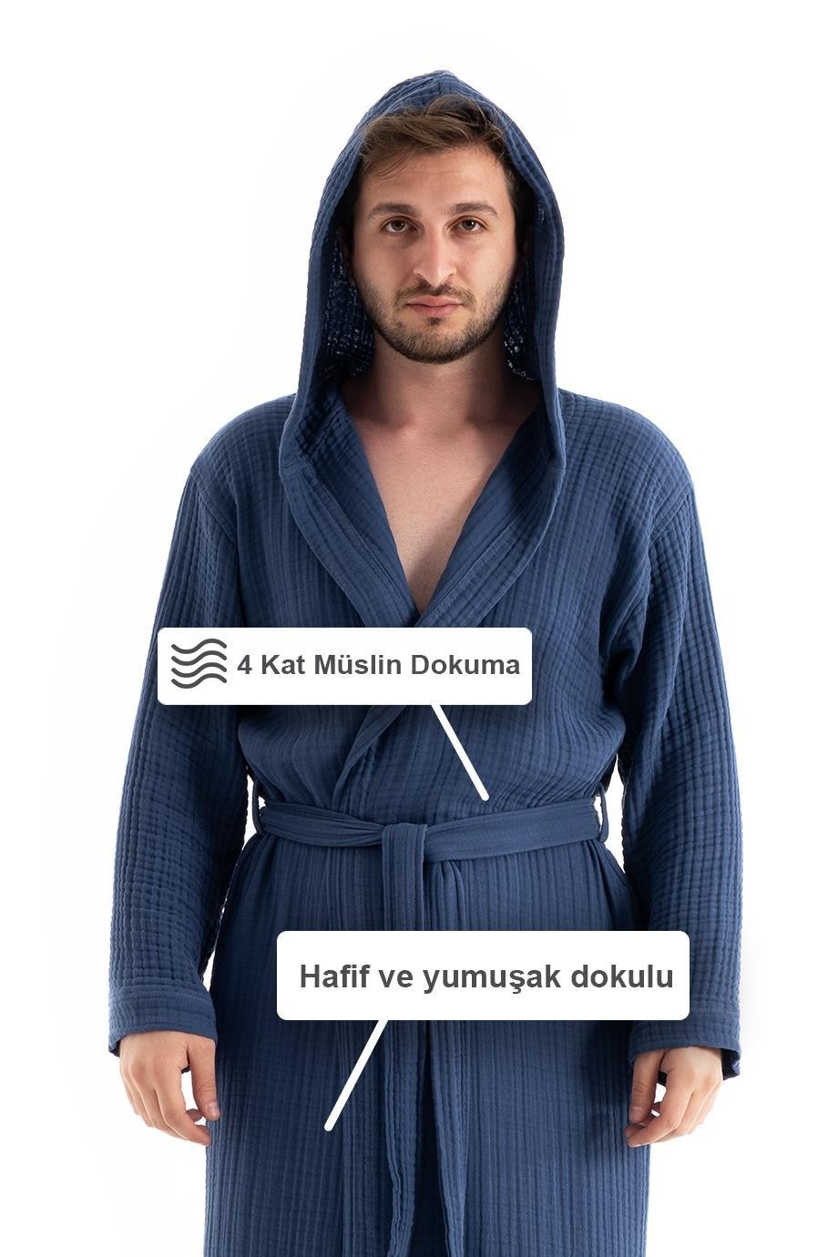 UNISEX KAPŞONLU 4 KAT MÜSLİN BORNOZ (OUTLET) - LACİVERT