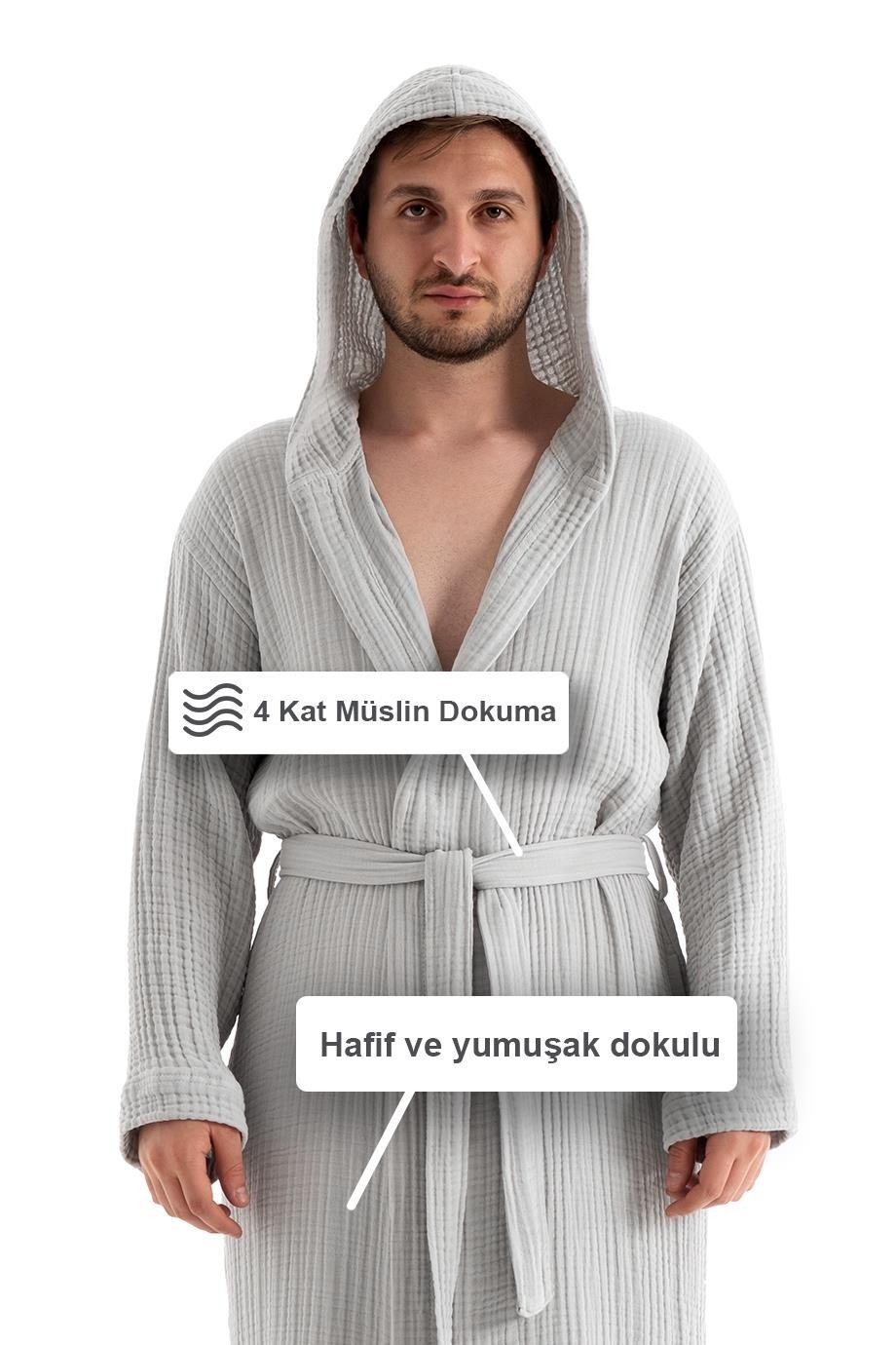 UNISEX KAPŞONLU 4 KAT MÜSLİN BORNOZ (OUTLET) - GRİ