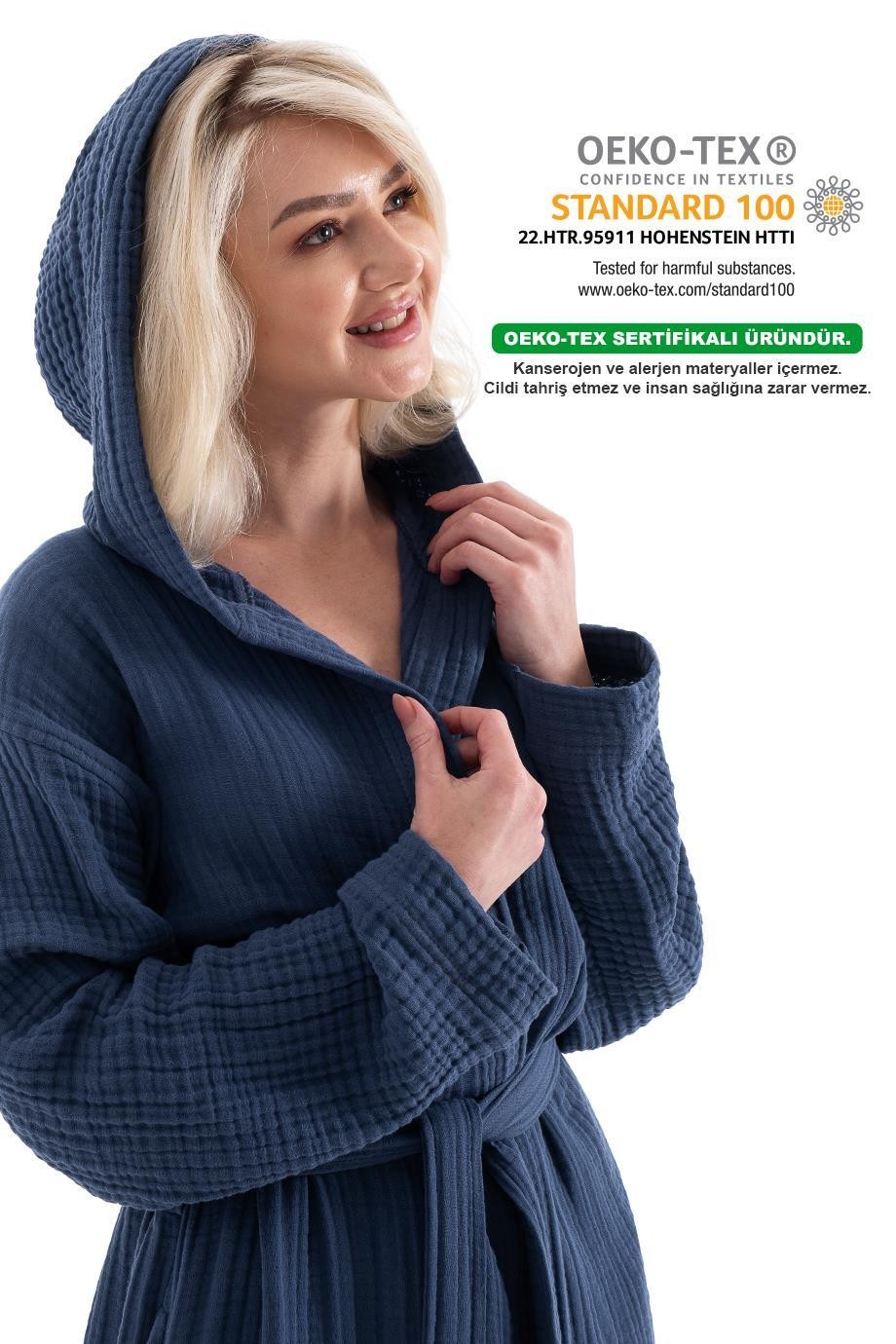 UNISEX KAPŞONLU 4 KAT MÜSLİN BORNOZ (OUTLET) - LACİVERT