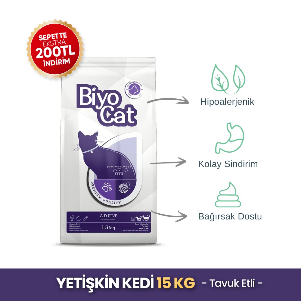 Biyocat Tavuklu Yetişkin Kedi Maması 15 kg