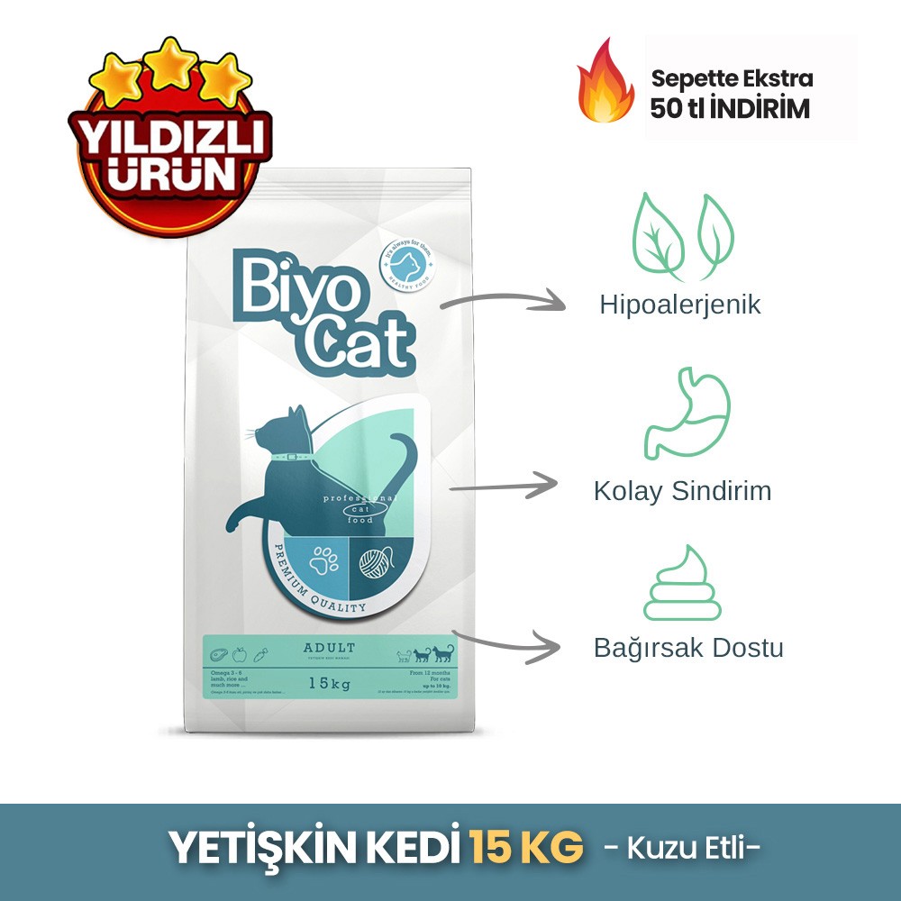 Biyocat Kuzu Etli Yetişkin Kedi Maması 15 kg