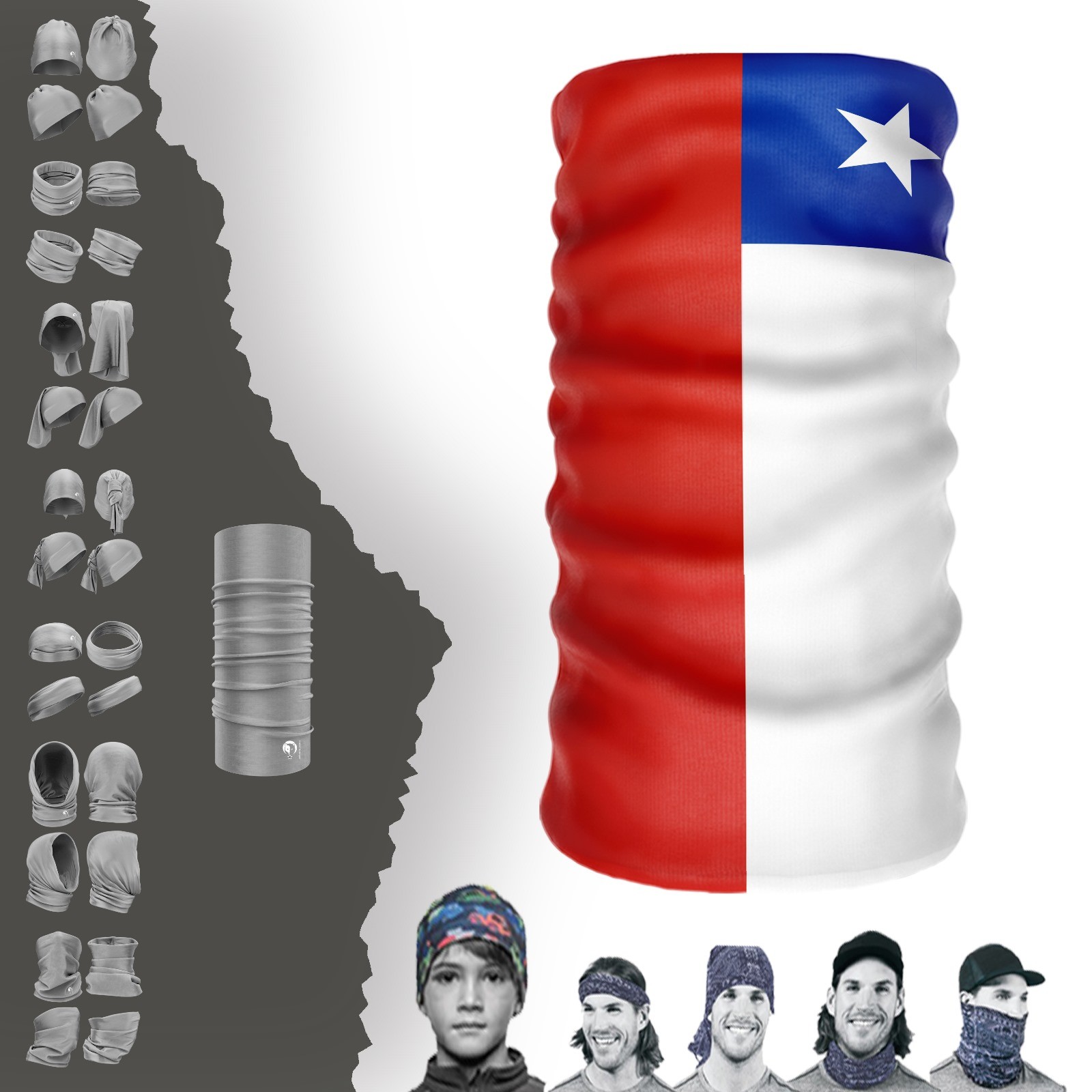 Gorro com gola da bandeira do Chile, bandana, máscara, fivela, faixa de cabeça