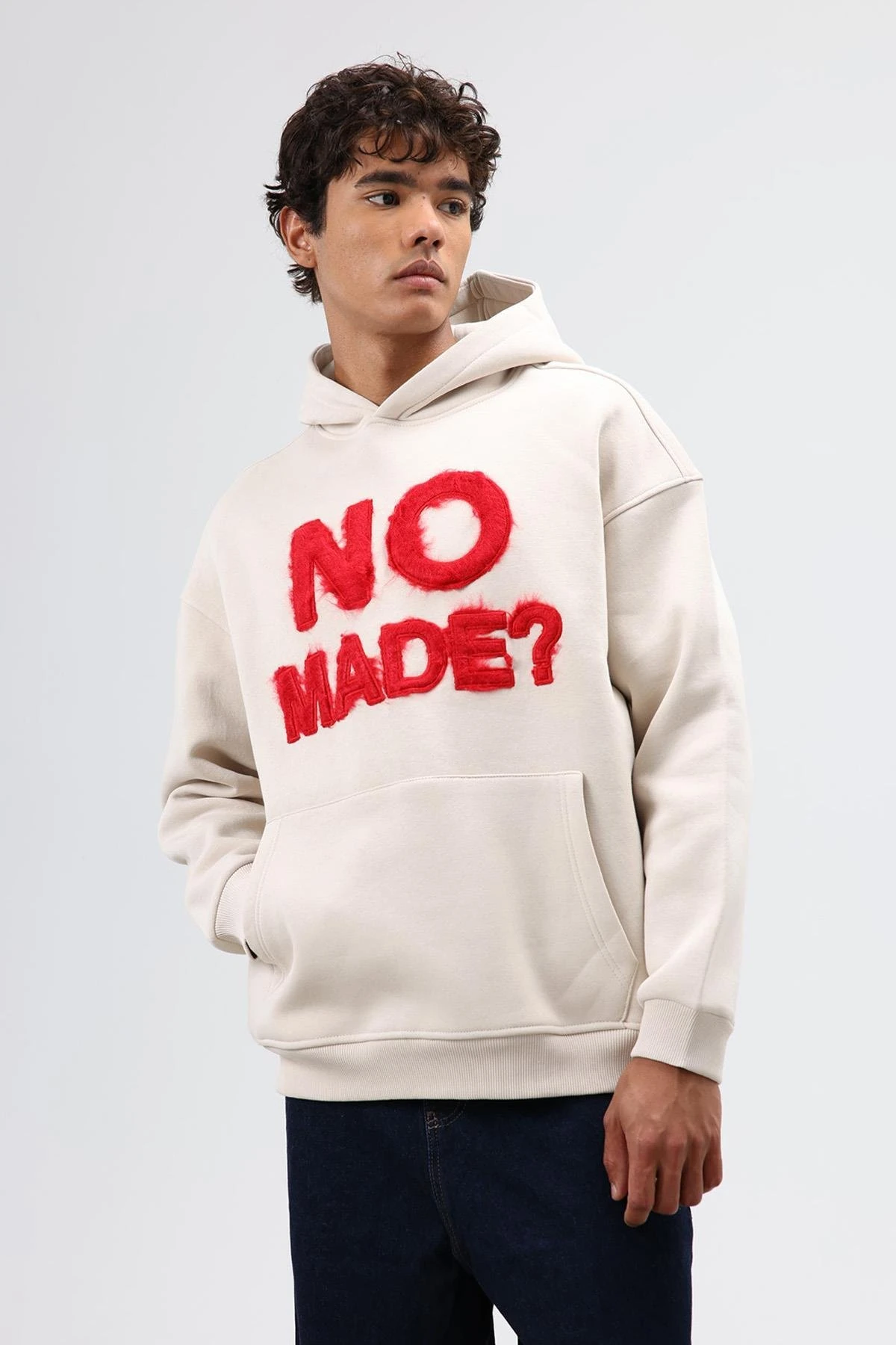 Oversize Baskılı Kapüşonlu Sweatshirt Taş