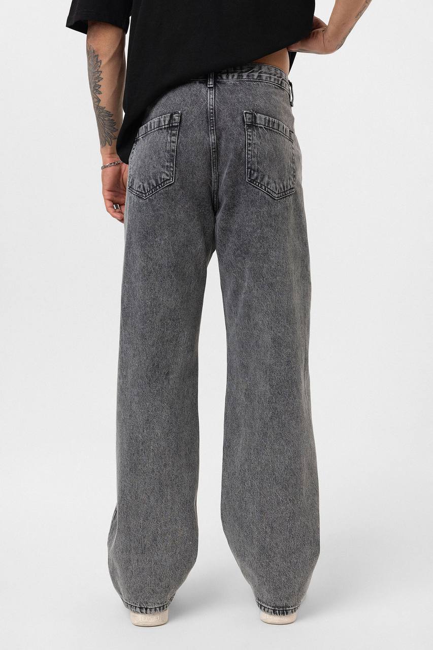 Dikiş Detaylı Relaxed Fit Jean Gri