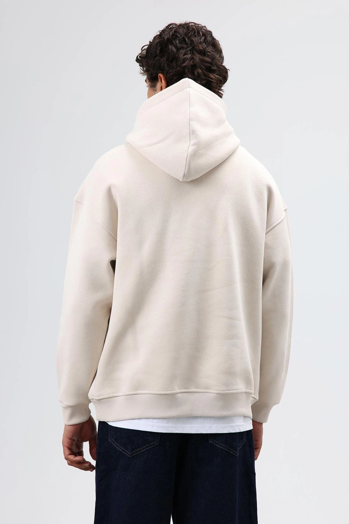Oversize Baskılı Kapüşonlu Sweatshirt Taş