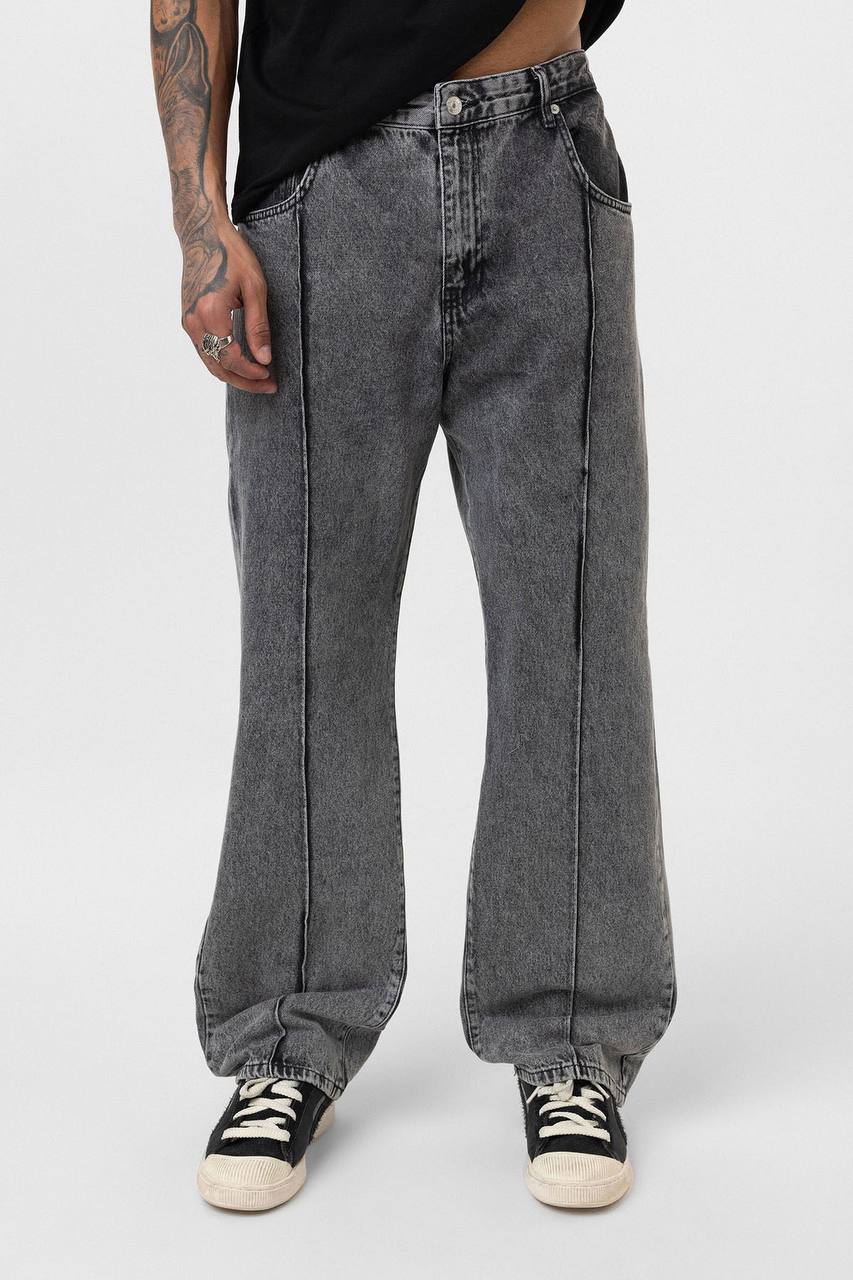 Dikiş Detaylı Relaxed Fit Jean Gri