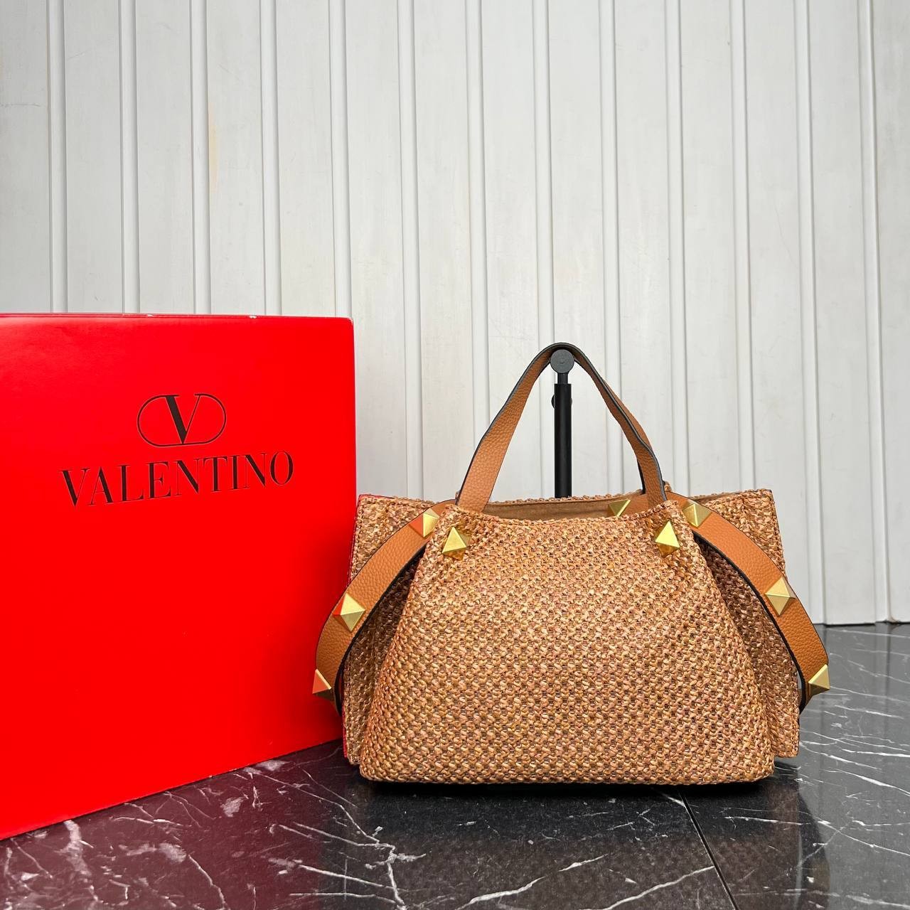 Valentino Garavani Rockstud  Top Handle Raffia Bag Medium