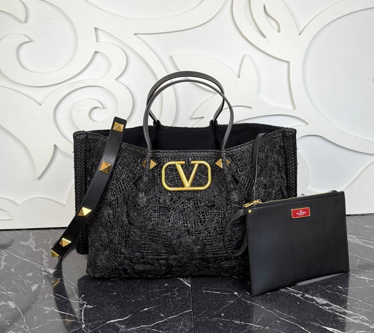 Valentino Garavani Rockstud  Top Handle Raffia Bag Big