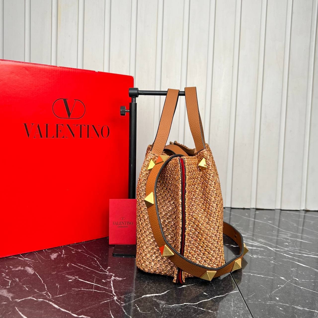 Valentino Garavani Rockstud  Top Handle Raffia Bag Medium