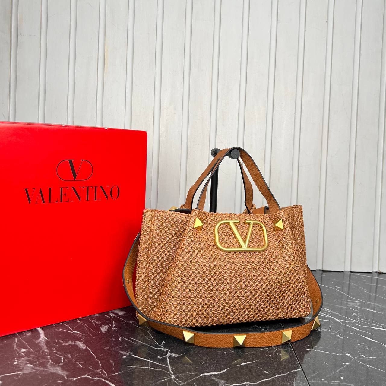 Valentino Garavani Rockstud  Top Handle Raffia Bag Medium