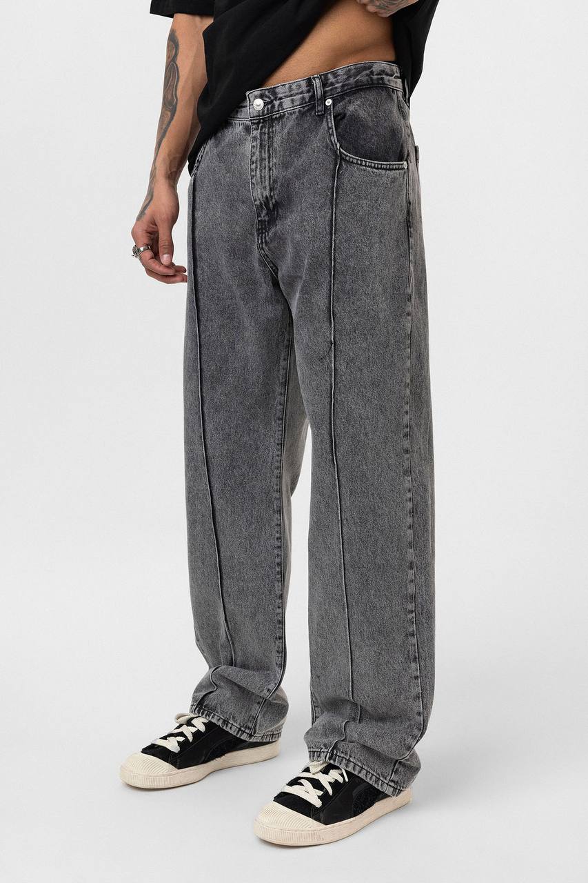 Dikiş Detaylı Relaxed Fit Jean Gri