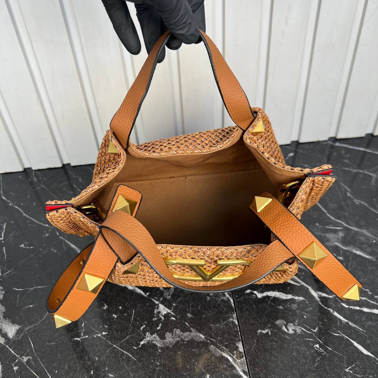 Valentino Garavani Rockstud  Top Handle Raffia Bag Medium