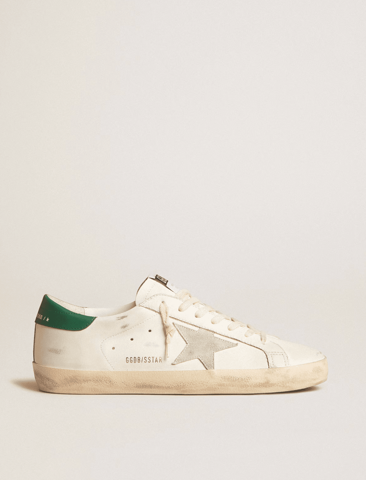 Golden goose Super-Star in white leather with ice-gray suede star and green leather heel tab Erkek