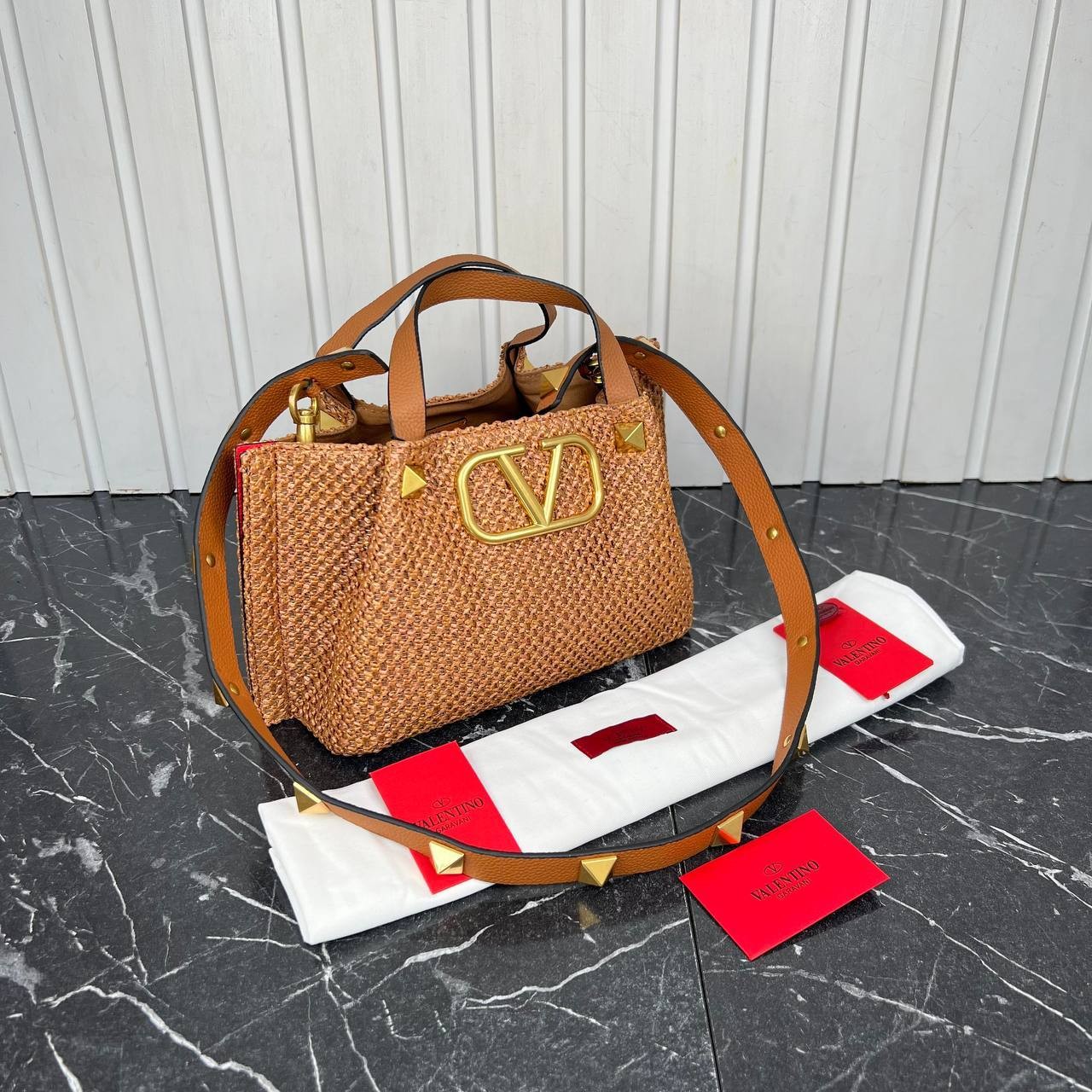 Valentino Garavani Rockstud  Top Handle Raffia Bag Medium
