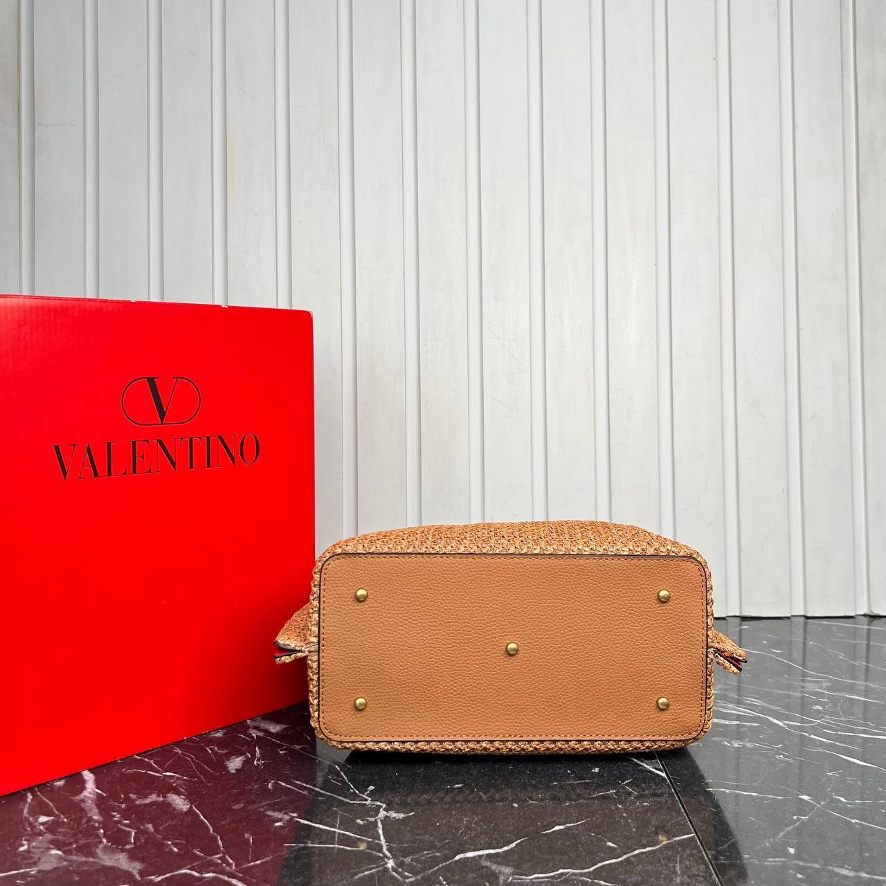 Valentino Garavani Rockstud  Top Handle Raffia Bag Medium