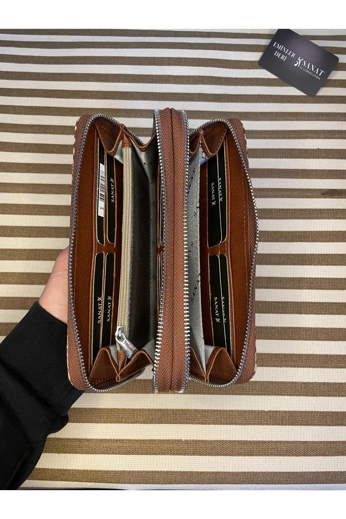 SL-2155 çift fermuarlı 16 adet kart giriş bölmeli hakiki deri UNİSEX cüzdan SANAT LEATHER