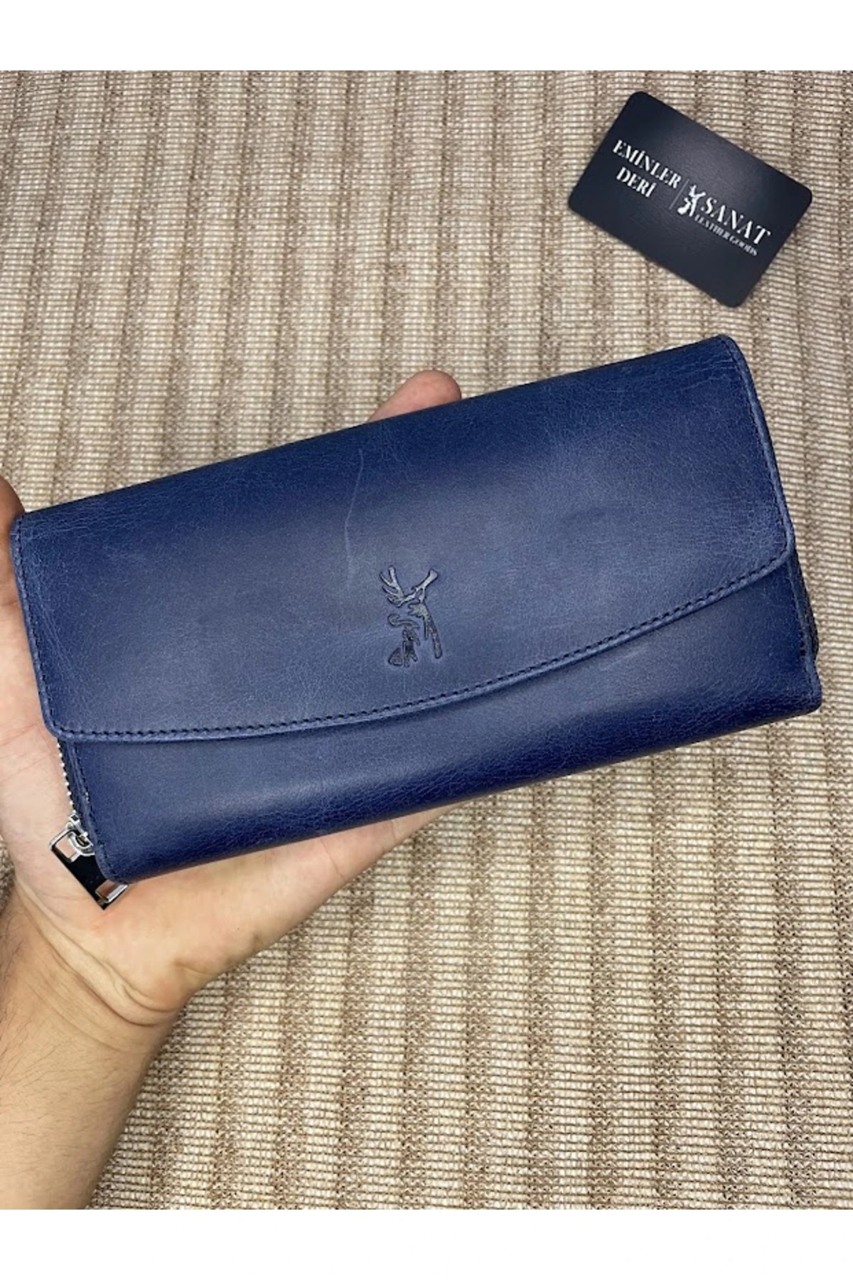 Hakiki deri telefon bölmeli fermuarlı portföy cüzdanı