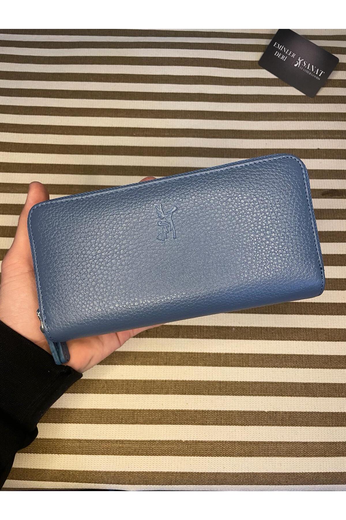 SL-2155 çift fermuarlı 16 adet kart giriş bölmeli hakiki deri UNİSEX cüzdan