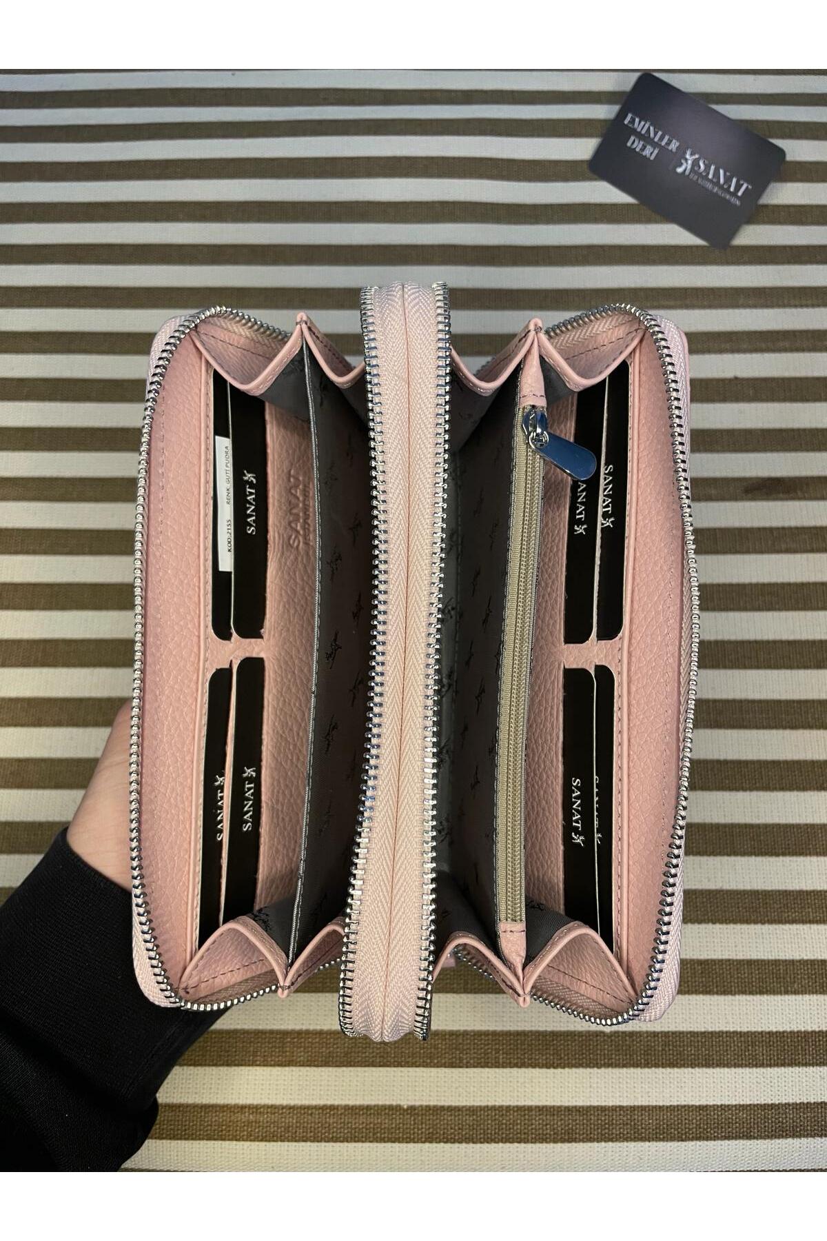 SL-2155 çift fermuarlı 16 adet kart giriş bölmeli hakiki deri UNİSEX cüzdan SANAT LEATHER