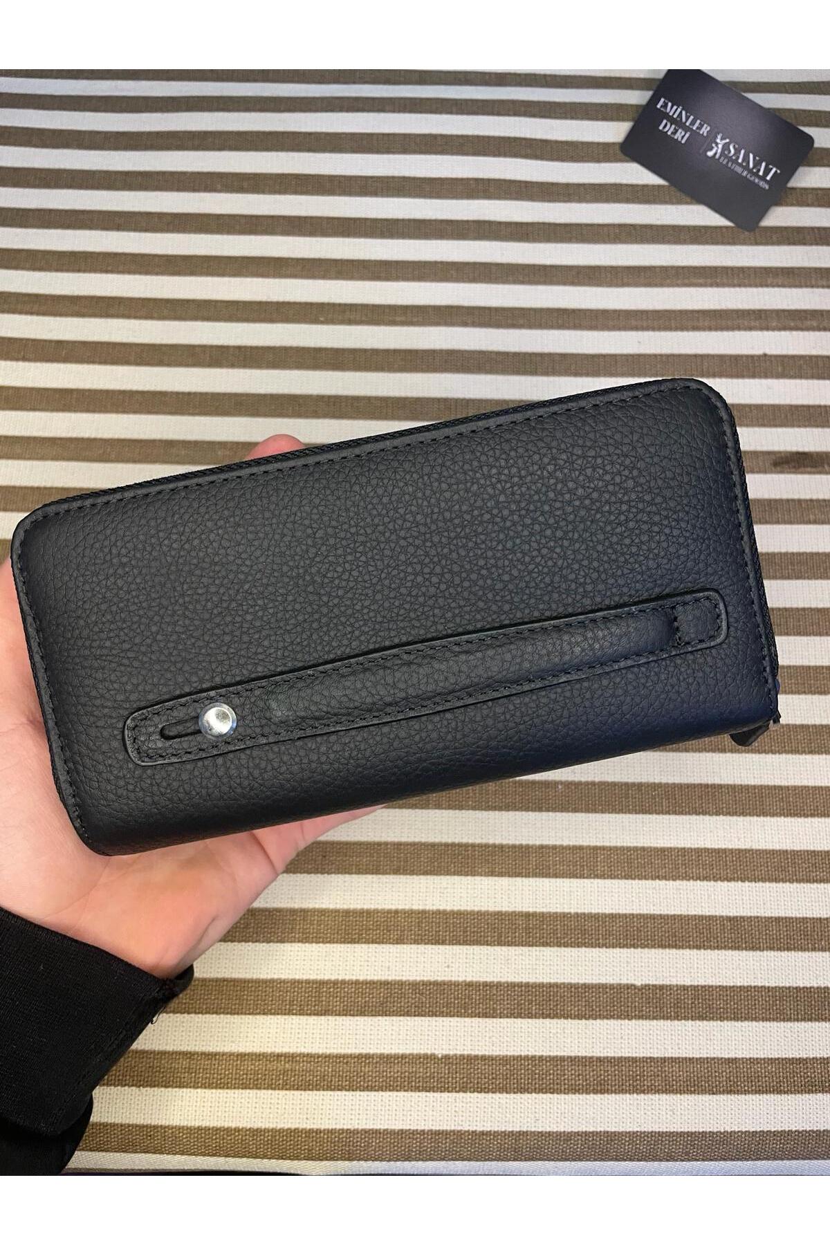 SL-2155 çift fermuarlı 16 adet kart giriş bölmeli hakiki deri UNİSEX cüzdan SANAT LEATHER