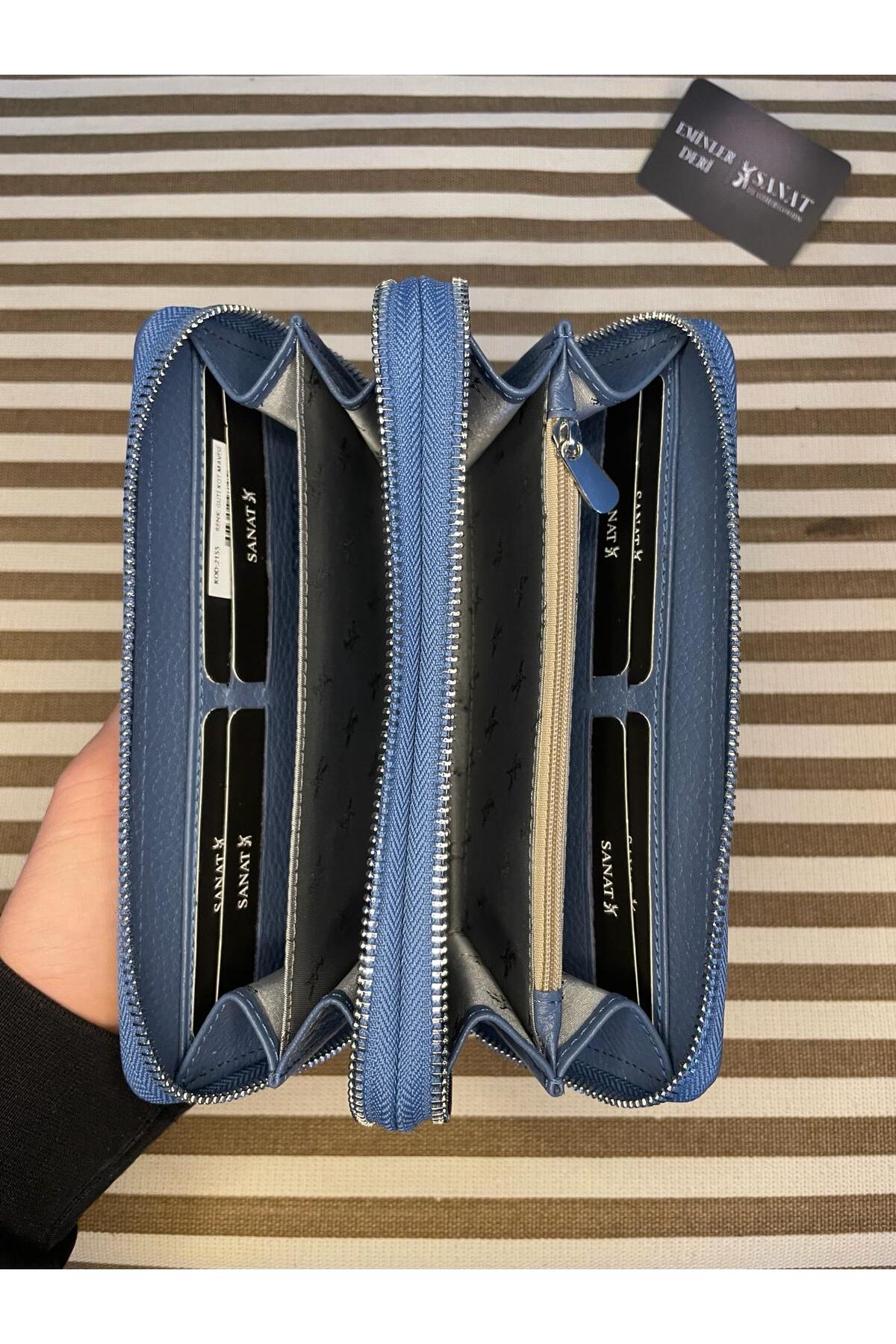 SL-2155 çift fermuarlı 16 adet kart giriş bölmeli hakiki deri UNİSEX cüzdan