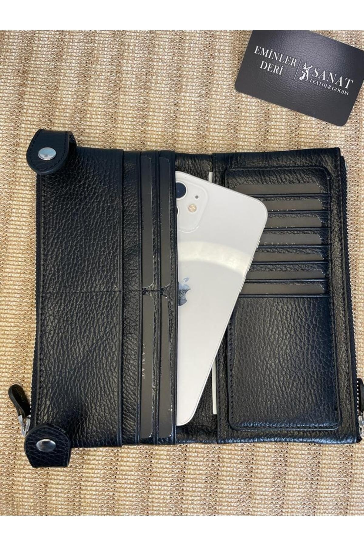 SL-2150 çift fermuarlı telefon bölmeli çok kartlıklı saplı hakiki deri unisex portföy cüzdan