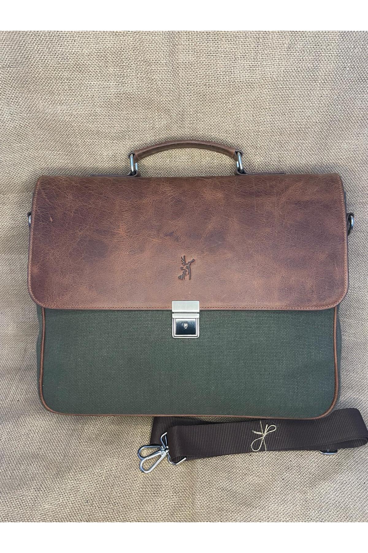 SL-126056  40cm×31cm hakiki deri ve kanvas  evrak ve laptop çantası (15,6 ınch için) SANAT LEATHER