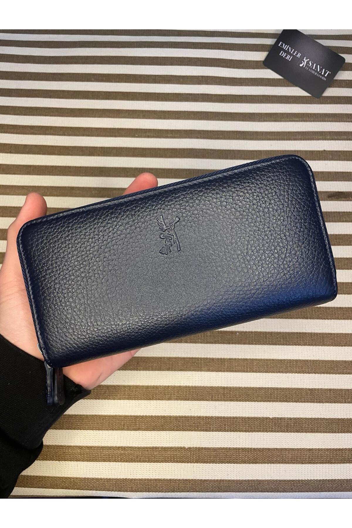 SL-2155 çift fermuarlı 16 adet kart giriş bölmeli hakiki deri UNİSEX cüzdan SANAT LEATHER