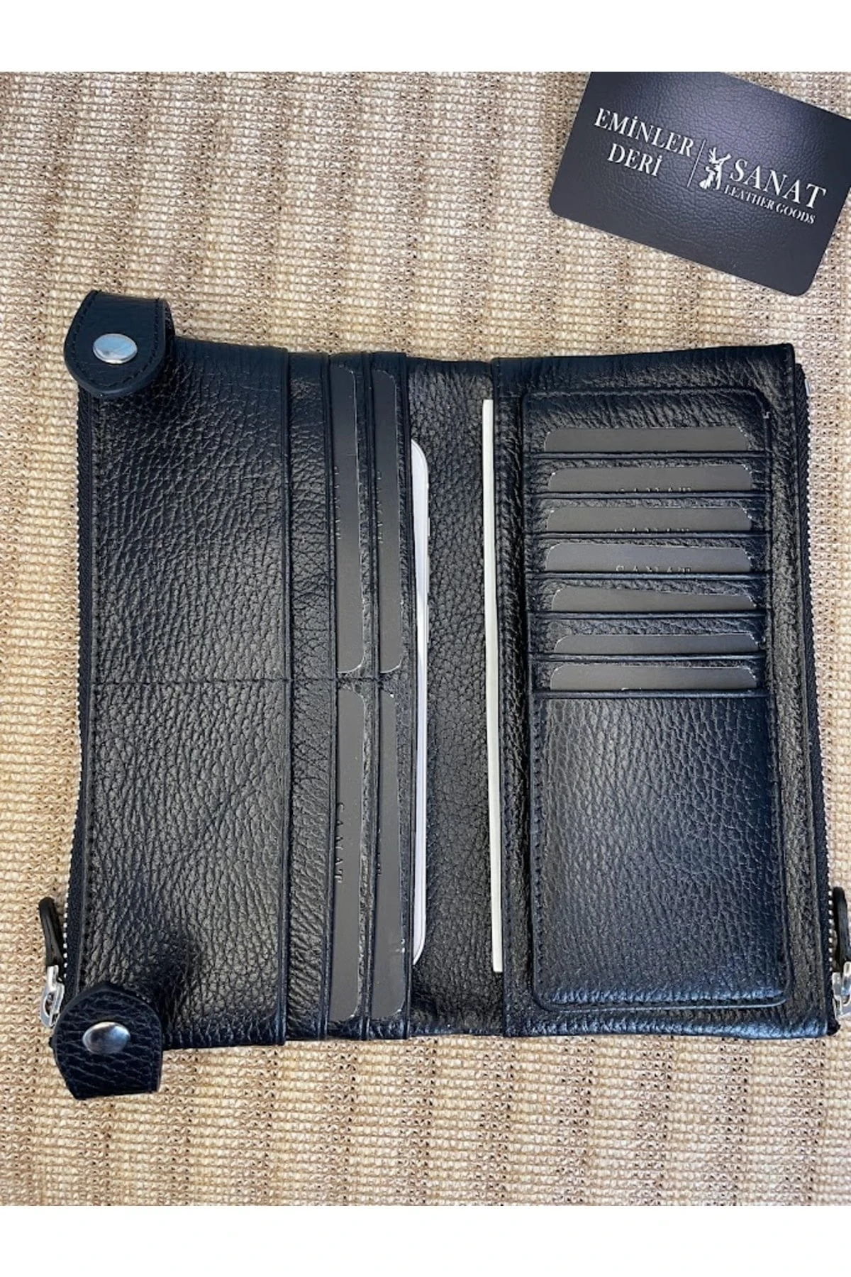 SL-2150 çift fermuarlı telefon bölmeli çok kartlıklı saplı hakiki deri unisex portföy cüzdan