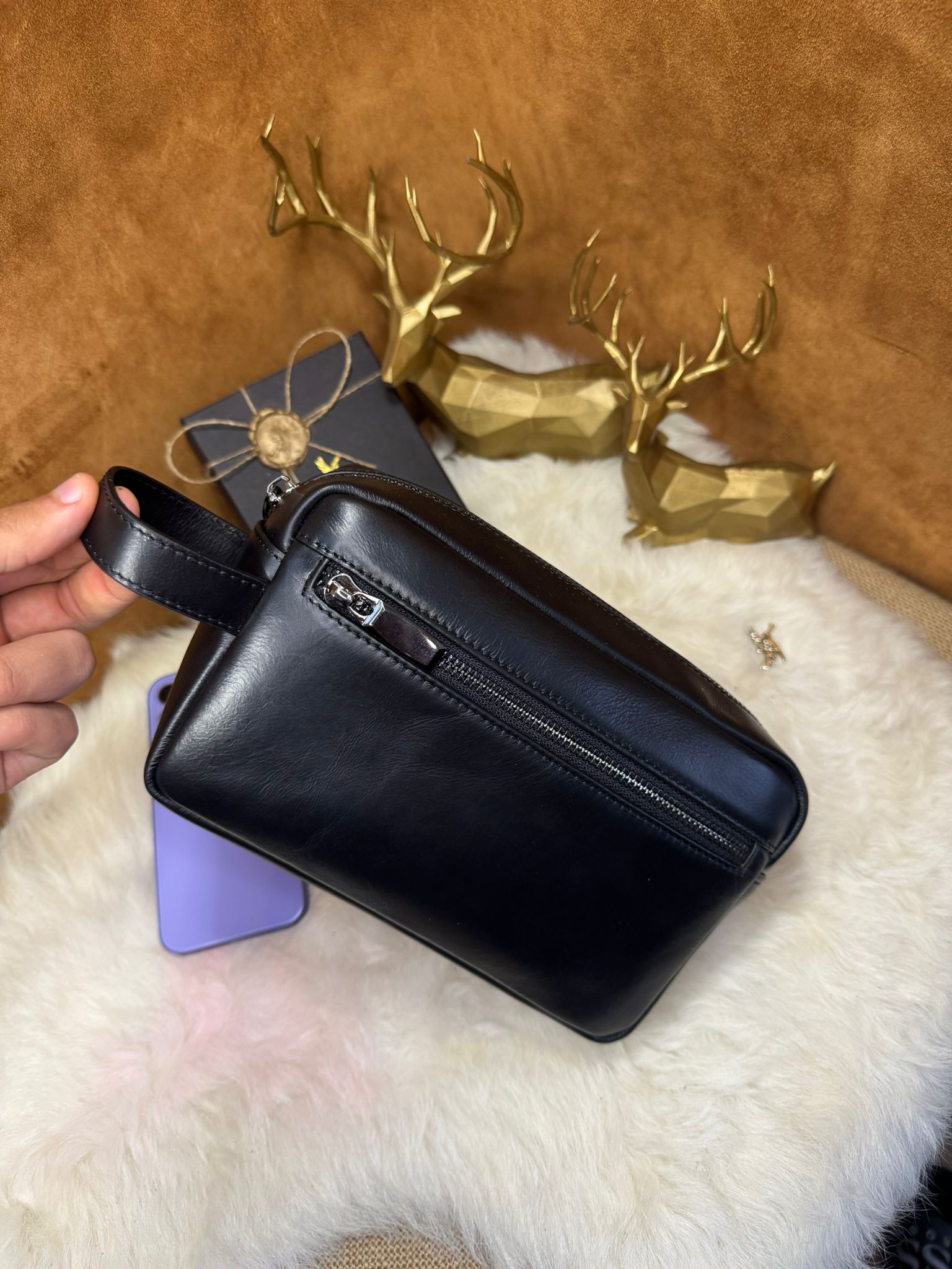 Hakiki Deri El tutma saplı Kartlıklı Erkek El Çantası - Seyahat Çantası - Tıraş Çantası 