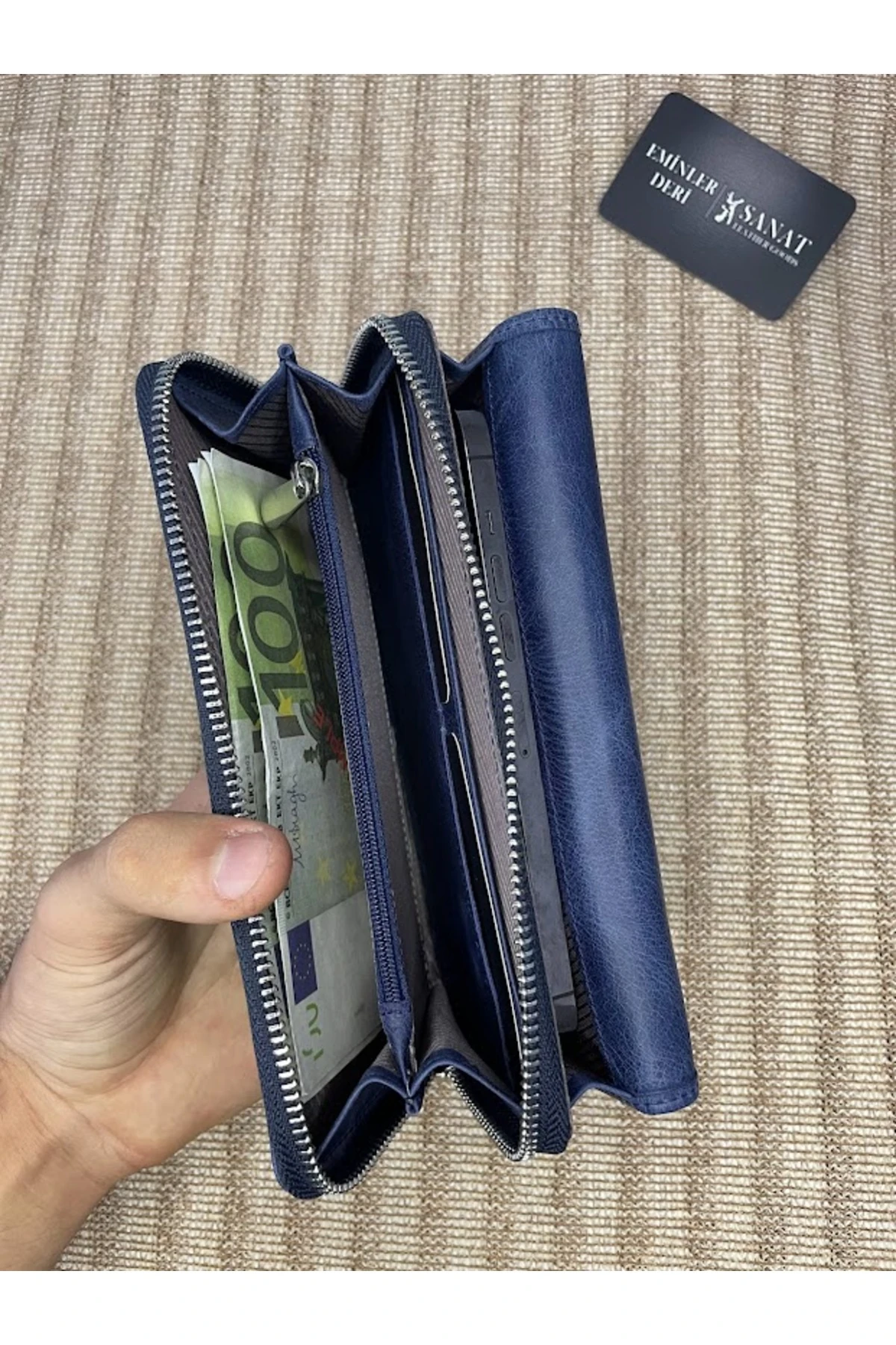 Hakiki deri telefon bölmeli fermuarlı portföy cüzdanı
