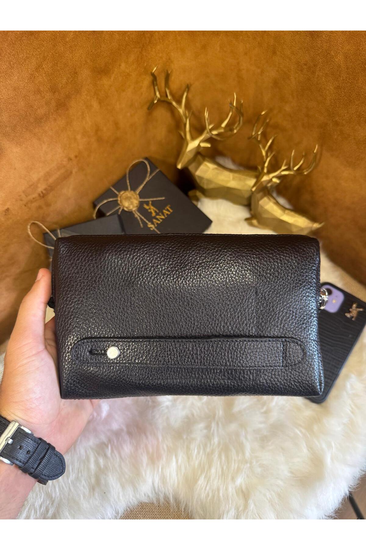 Hakiki Deri El tutma saplı Kartlıklı Erkek El Çantası - Seyahat Çantası - Tıraş Çantası 13,5x21x3,5