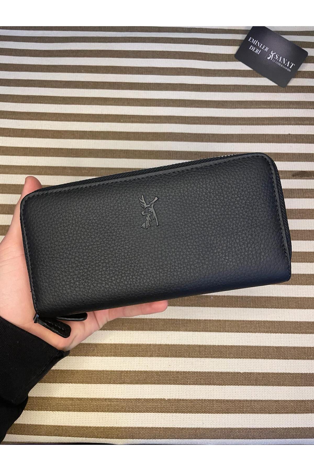 SL-2155 çift fermuarlı 16 adet kart giriş bölmeli hakiki deri UNİSEX cüzdan SANAT LEATHER