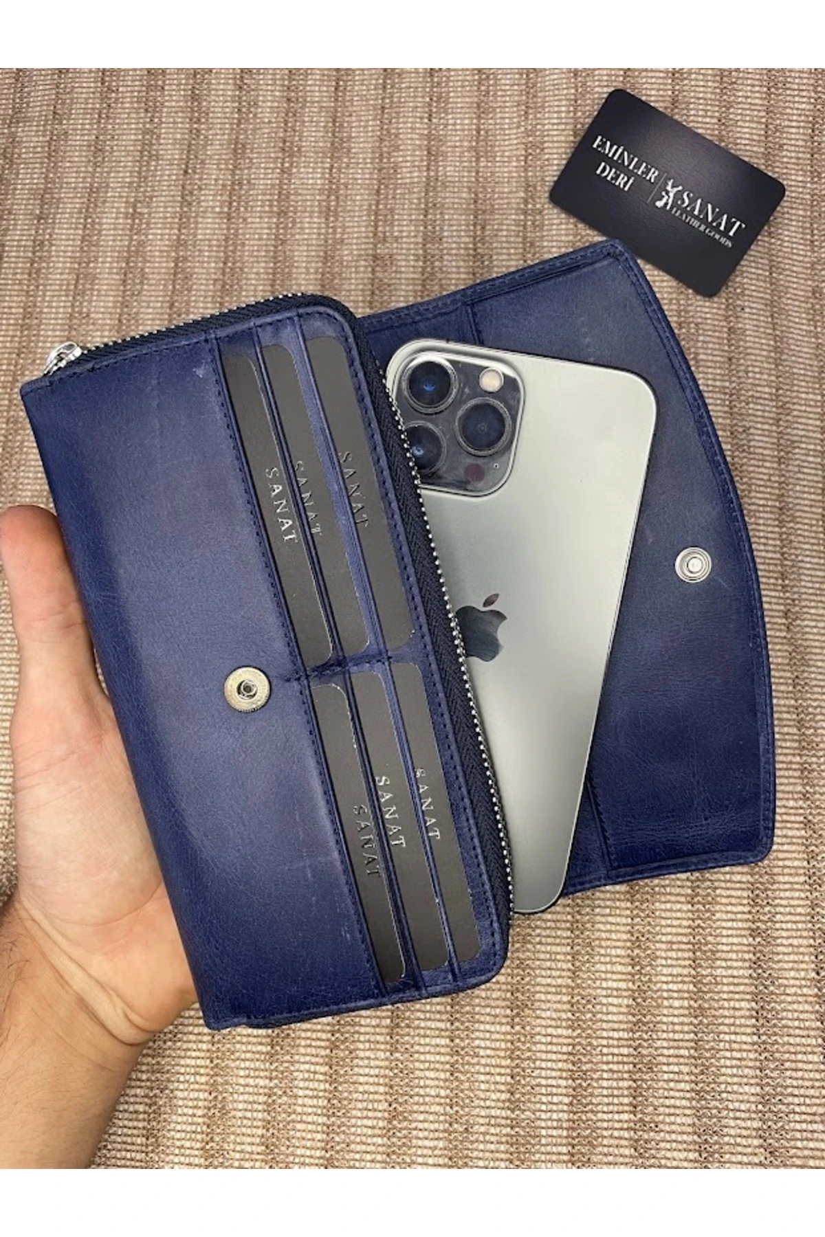 Hakiki deri telefon bölmeli fermuarlı portföy cüzdanı
